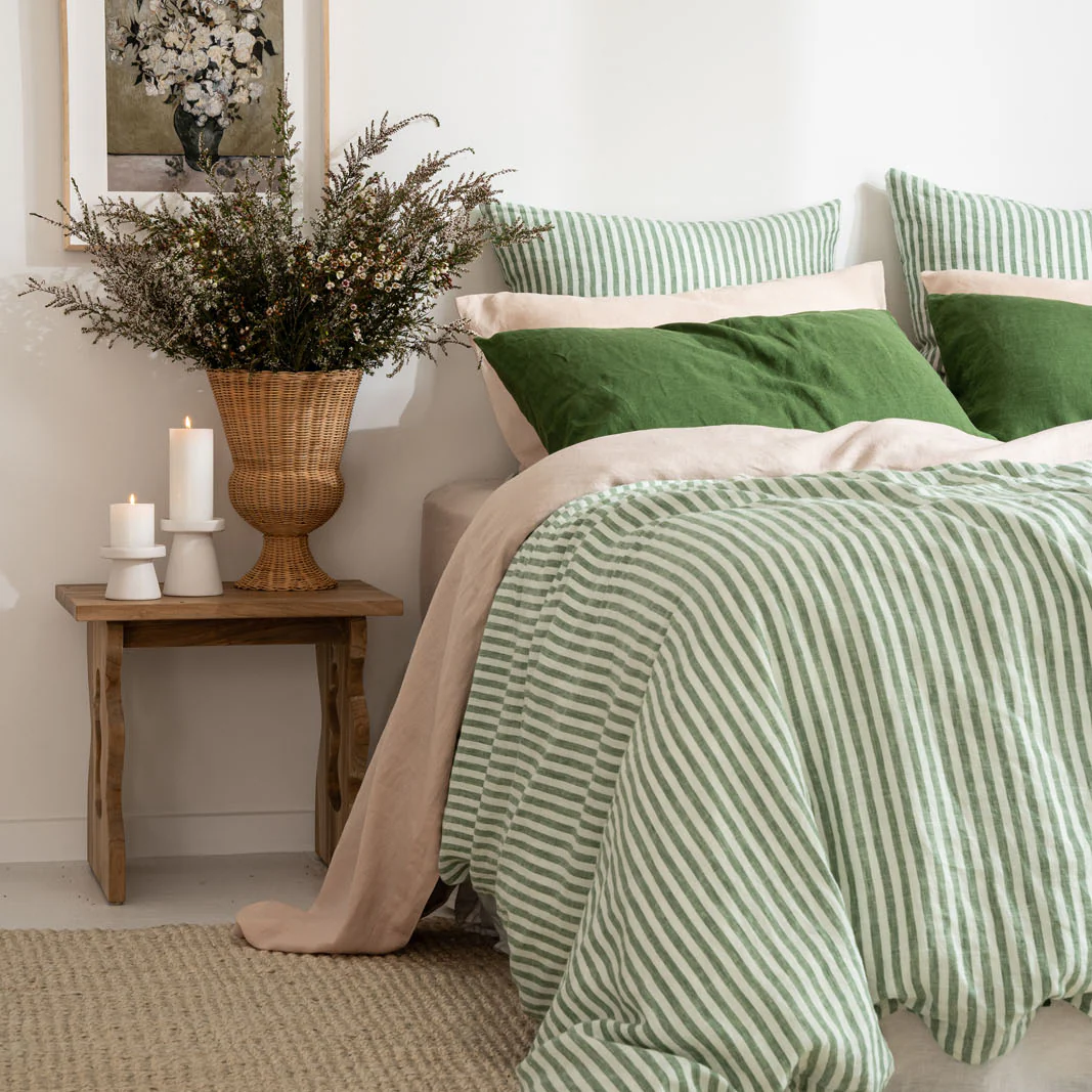 French Flax Linen Double Sided Quilt Cover Set in Ivy/Ivy Stripe - Image 13