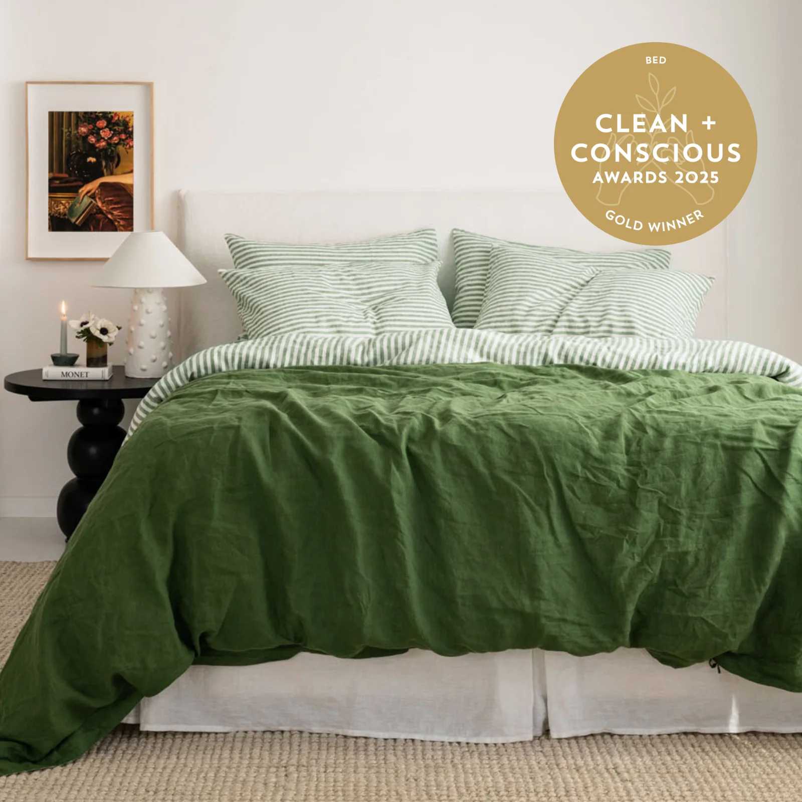 French Flax Linen Double Sided Quilt Cover Set in Ivy/Ivy Stripe - Image 4