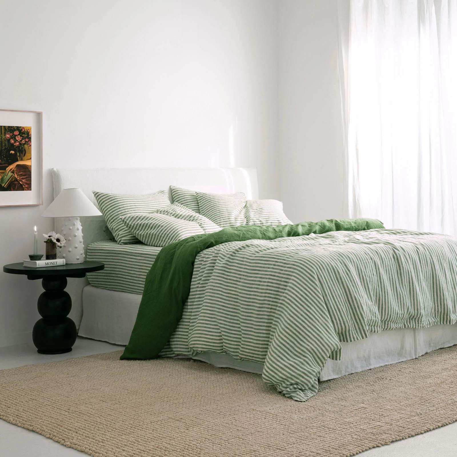French Flax Linen Double Sided Quilt Cover Set in Ivy/Ivy Stripe - Image 5