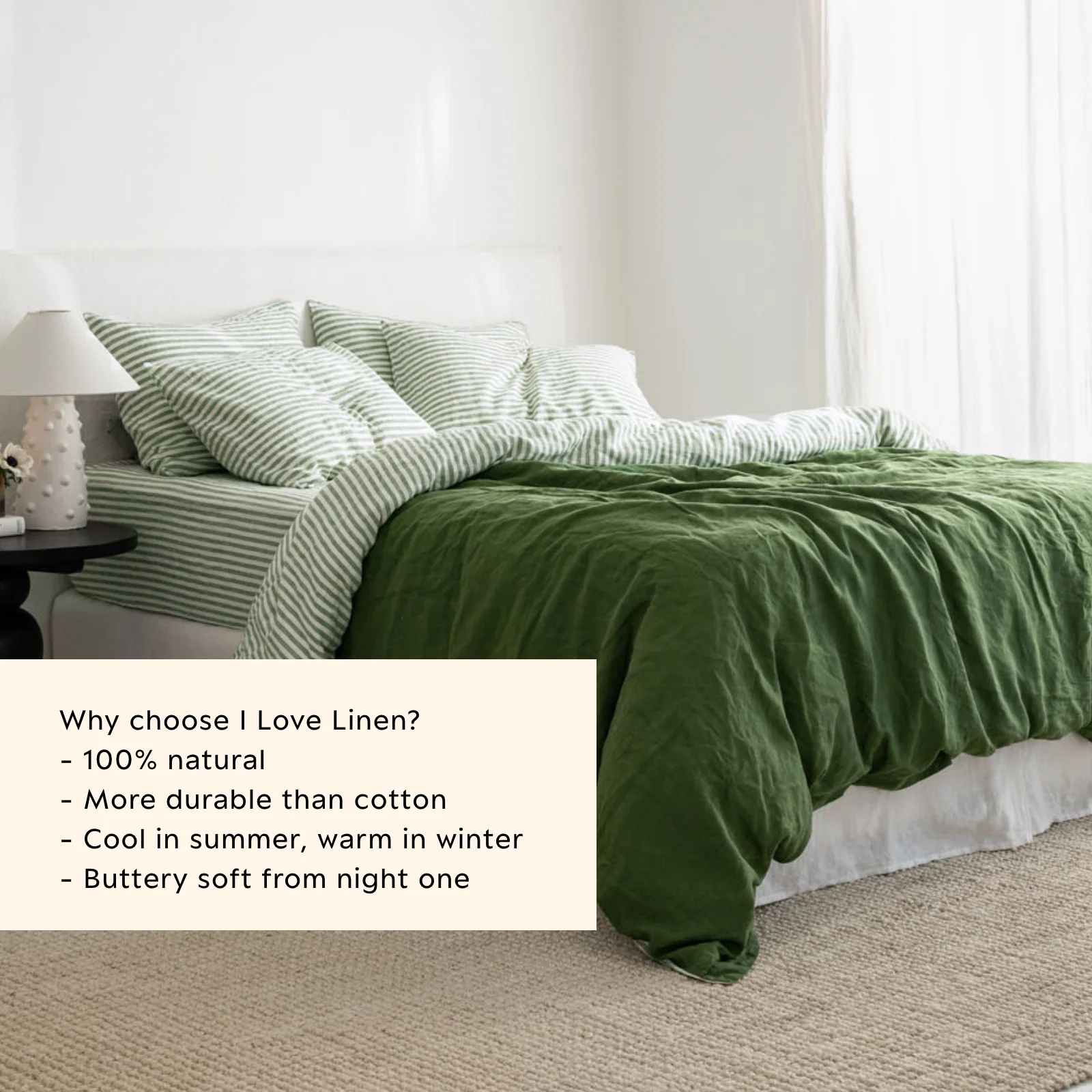 French Flax Linen Double Sided Quilt Cover Set in Ivy/Ivy Stripe - Image 6