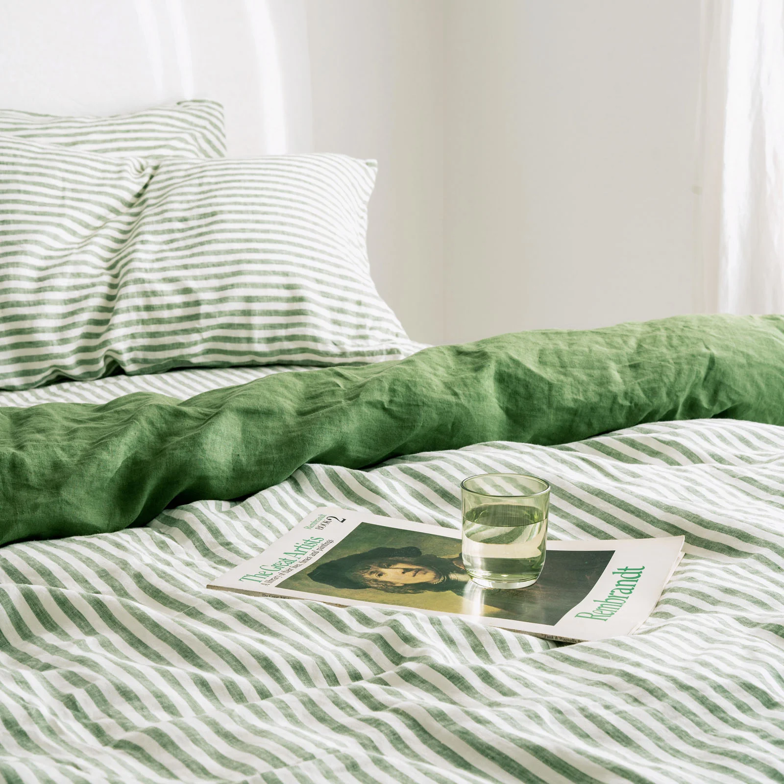 French Flax Linen Double Sided Quilt Cover Set in Ivy/Ivy Stripe - Image 8