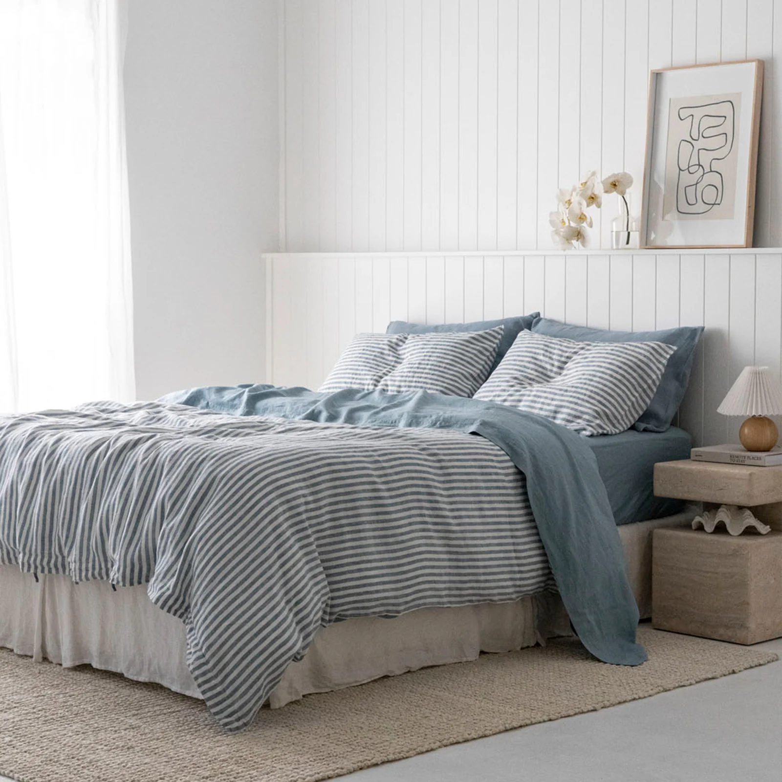 French Flax Linen Double Sided Quilt Cover Set in Marine Blue/Marine Blue Stripe - Image 8