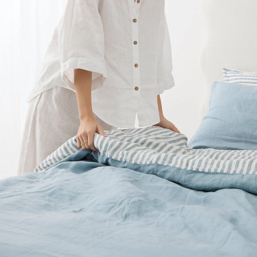 French Flax Linen Double Sided Quilt Cover Set in Marine Blue/Marine Blue Stripe - Image 9