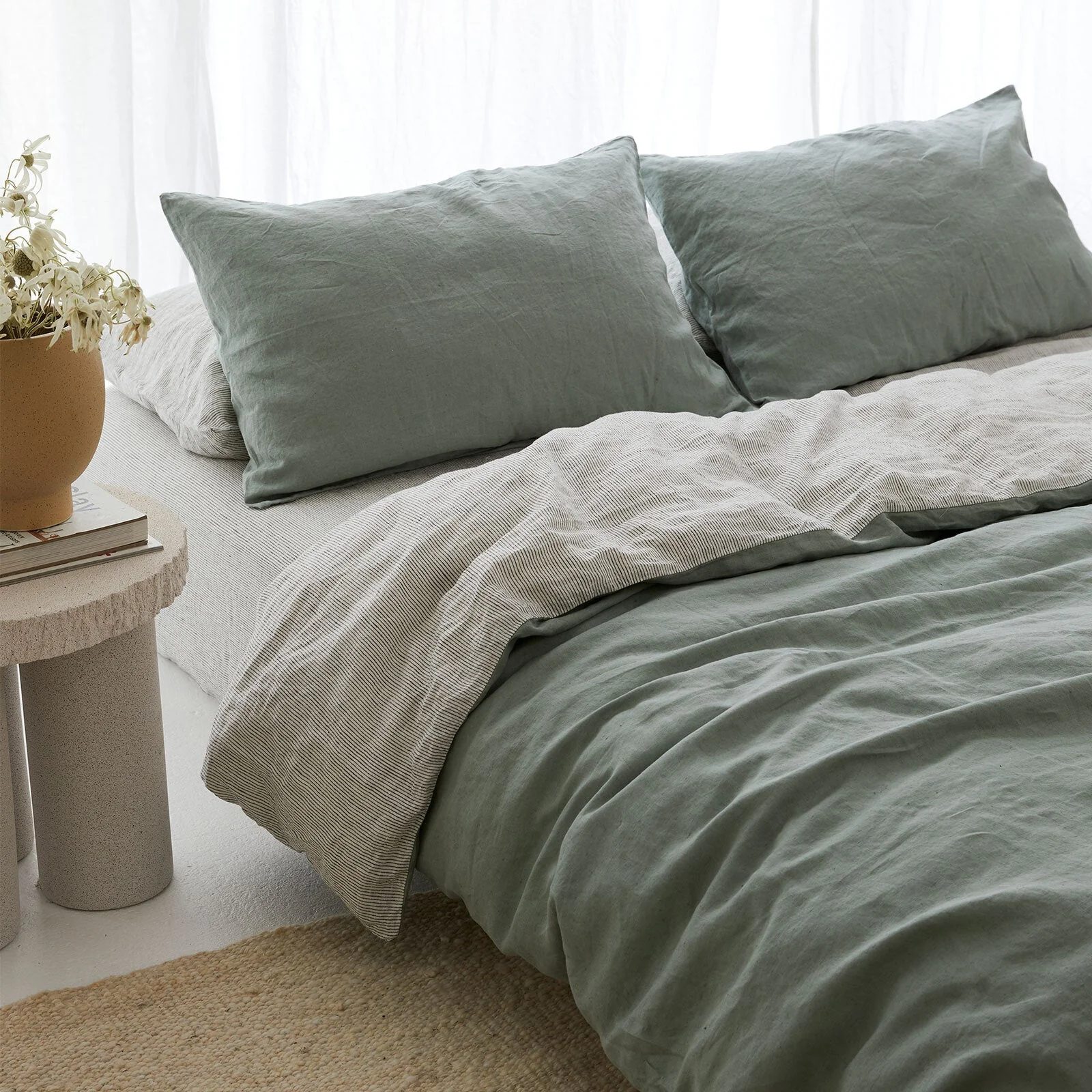 French Flax Linen Double Sided Quilt Cover Set in Sage/Pinstripe - Image 10