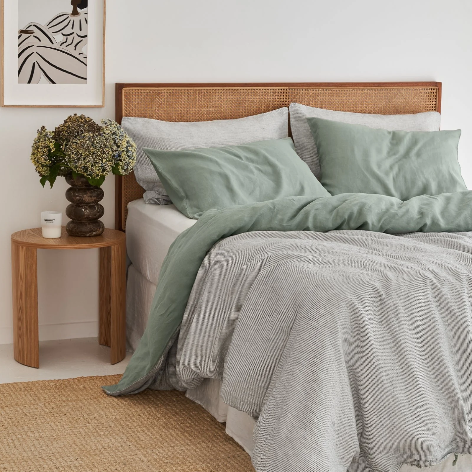 French Flax Linen Double Sided Quilt Cover Set in Sage/Pinstripe - Image 5