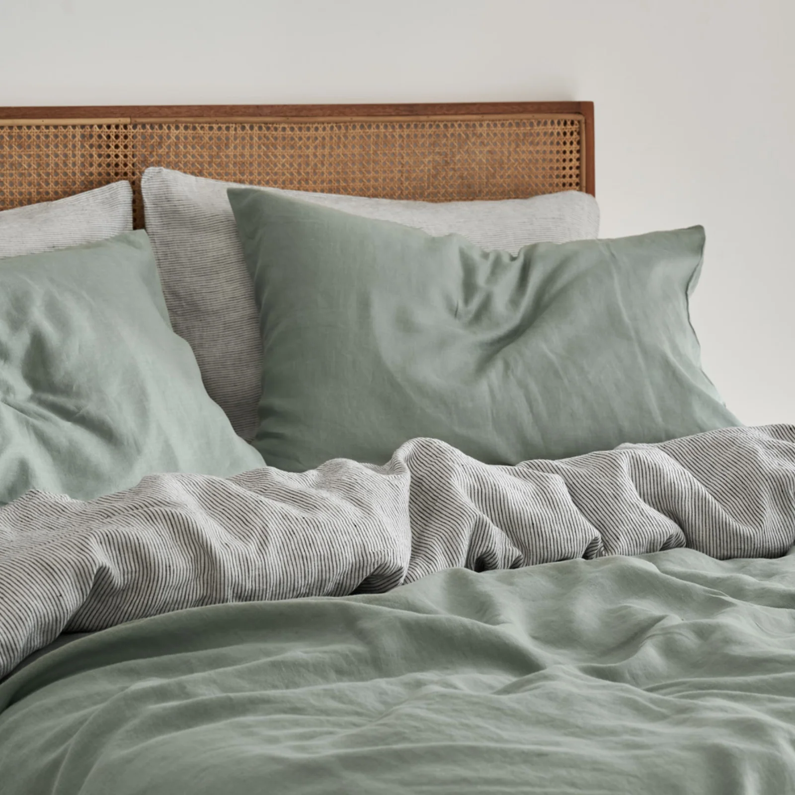 French Flax Linen Double Sided Quilt Cover Set in Sage/Pinstripe - Image 7