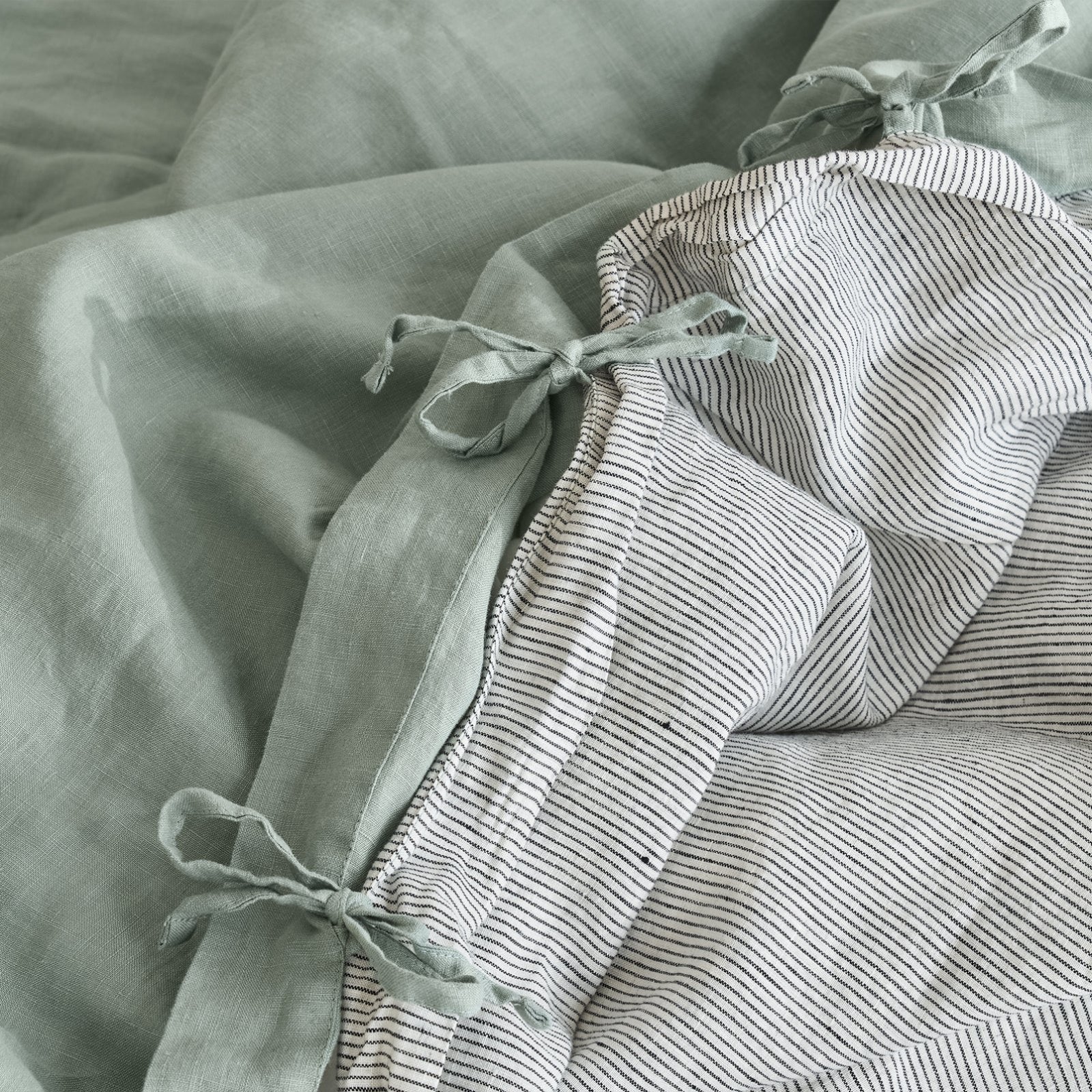 French Flax Linen Double Sided Quilt Cover Set in Sage/Pinstripe - Image 8