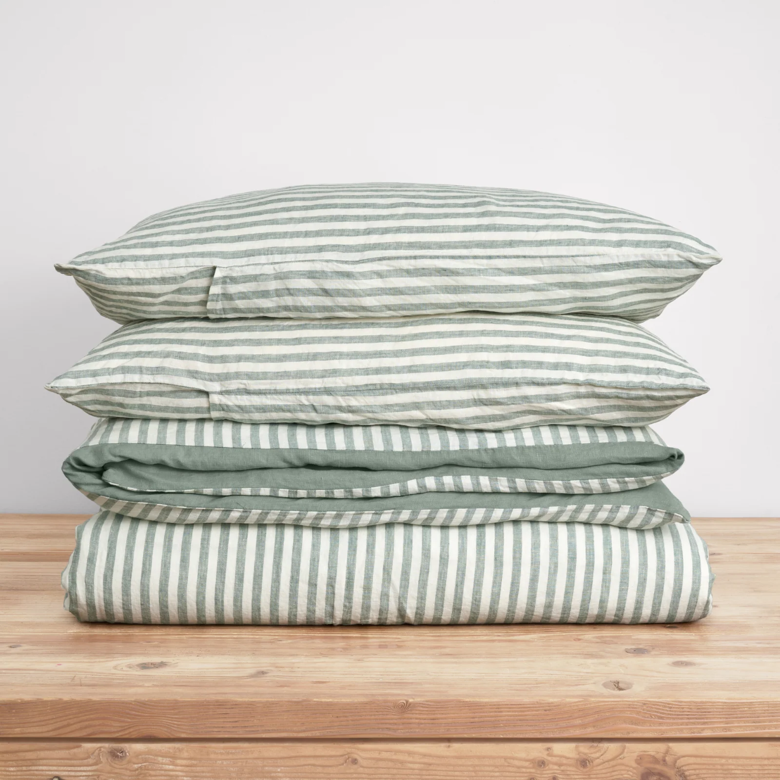 French Flax Linen Double Sided Quilt Cover Set in Sage/Sage Stripe