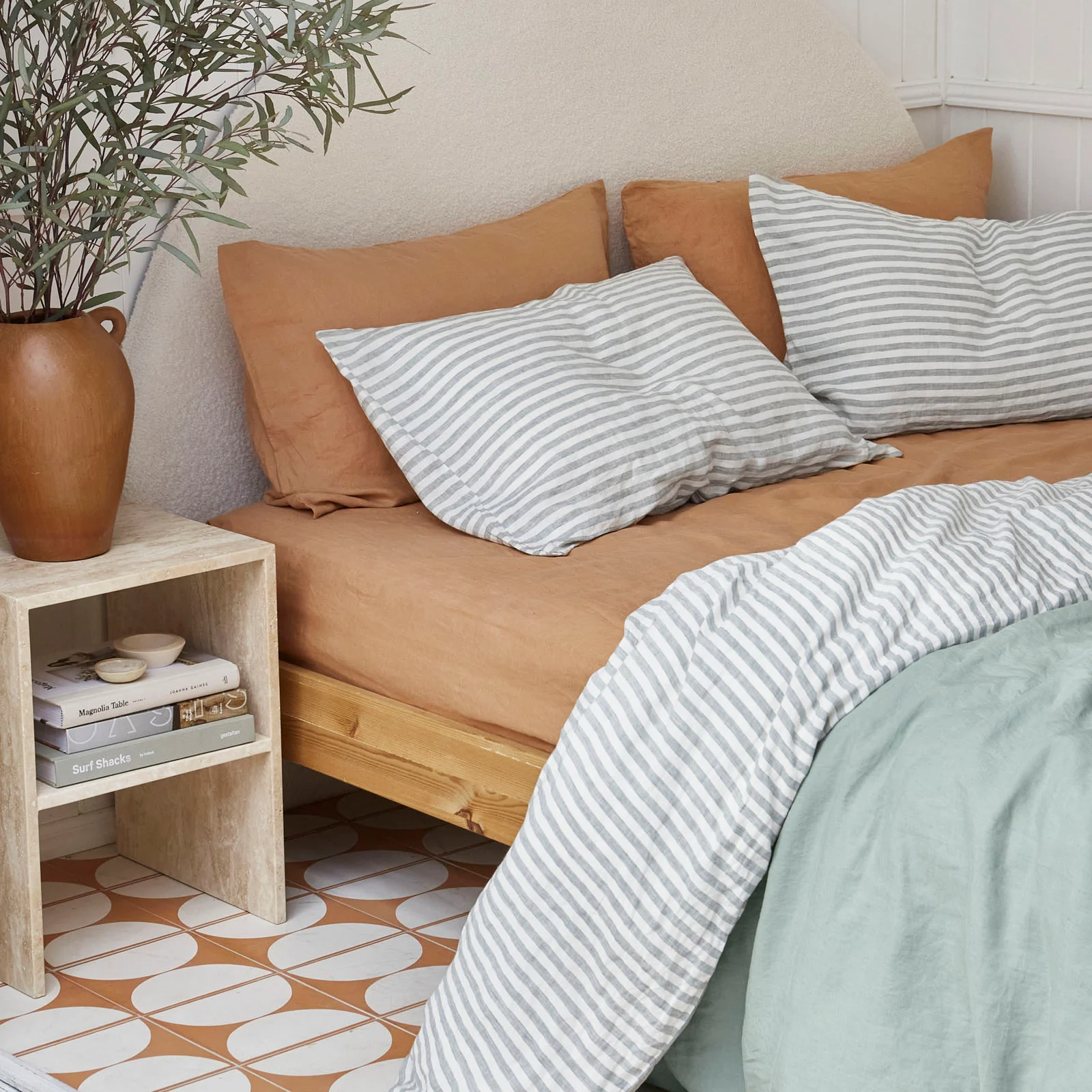 French Flax Linen Double Sided Quilt Cover Set in Sage/Sage Stripe - Image 11