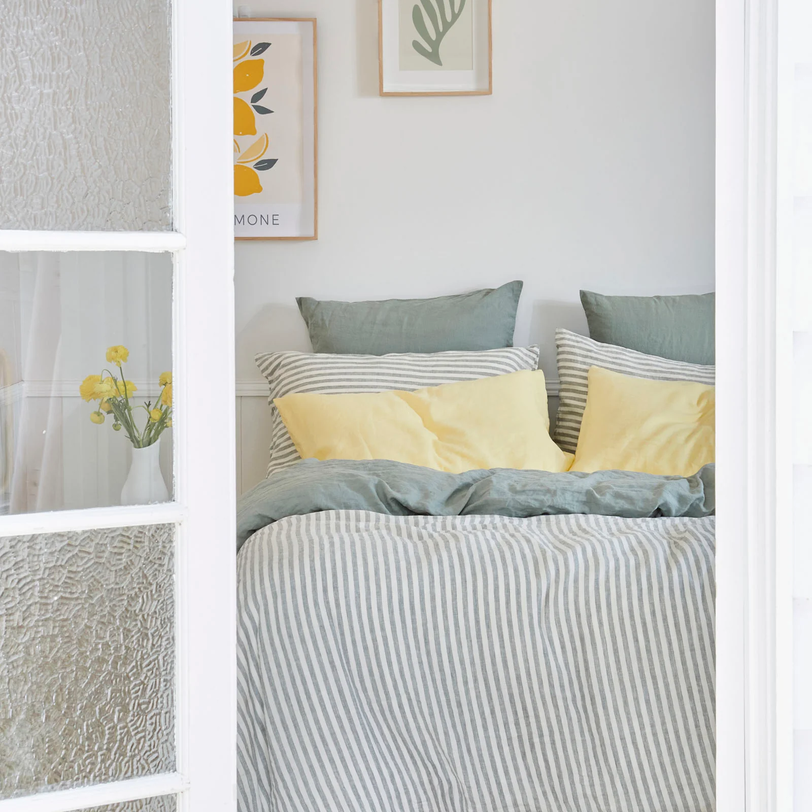 French Flax Linen Double Sided Quilt Cover Set in Sage/Sage Stripe - Image 12