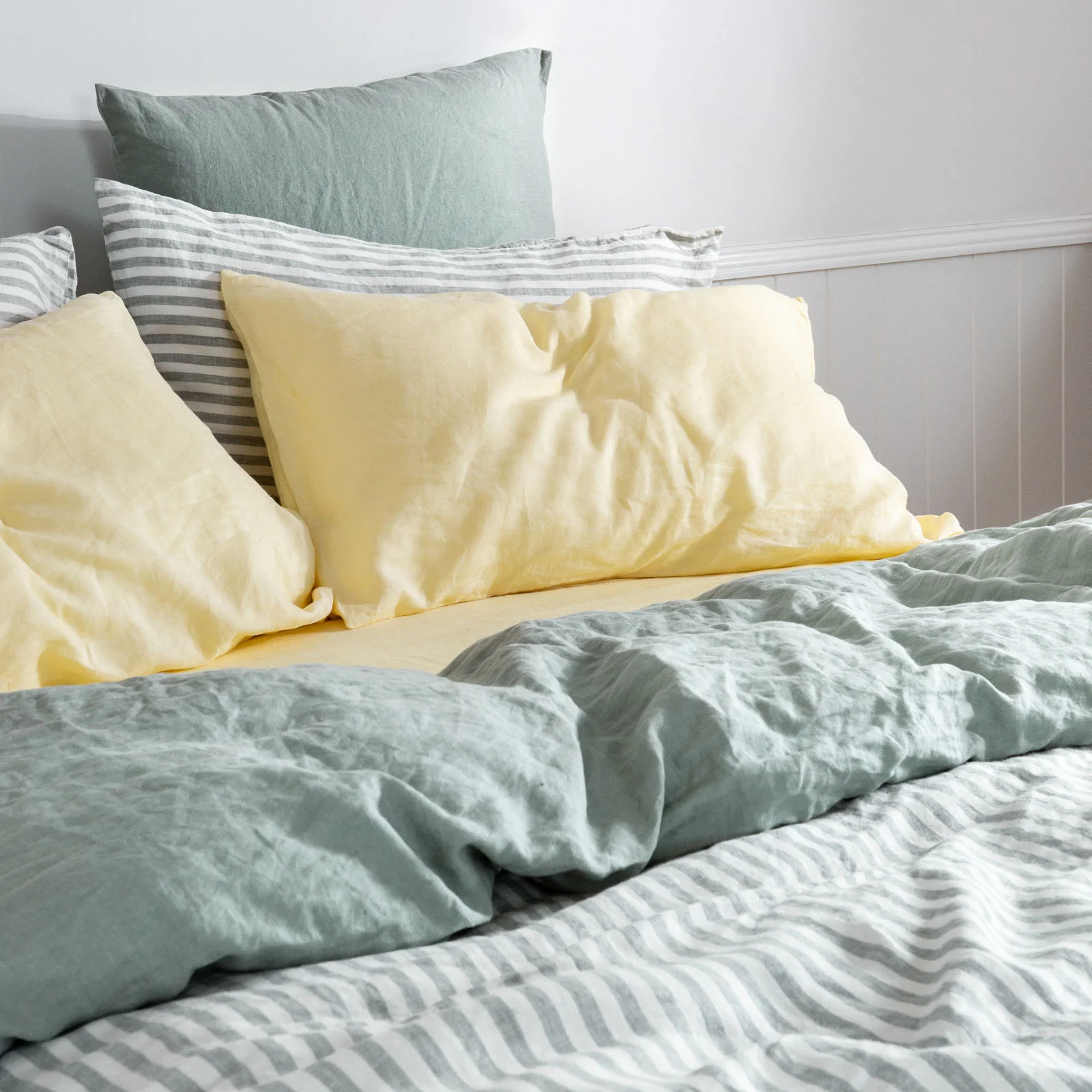 French Flax Linen Double Sided Quilt Cover Set in Sage/Sage Stripe - Image 13