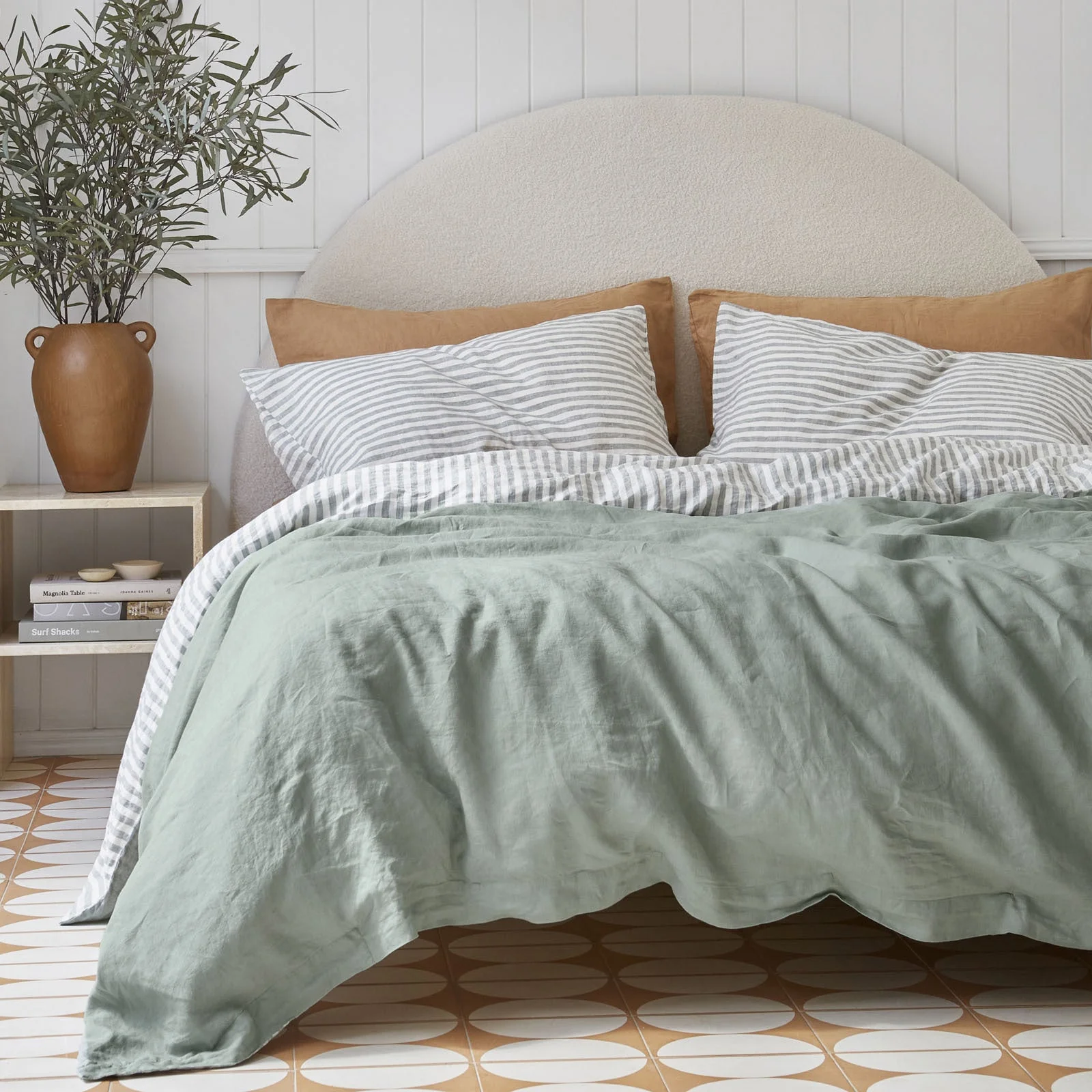French Flax Linen Double Sided Quilt Cover Set in Sage/Sage Stripe - Image 2