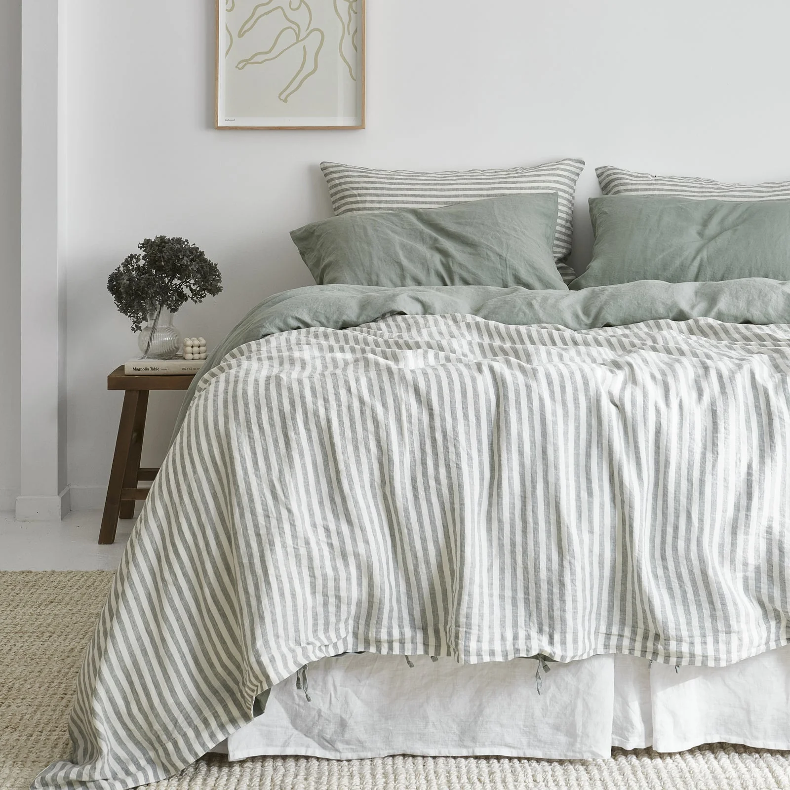 French Flax Linen Double Sided Quilt Cover Set in Sage/Sage Stripe - Image 4