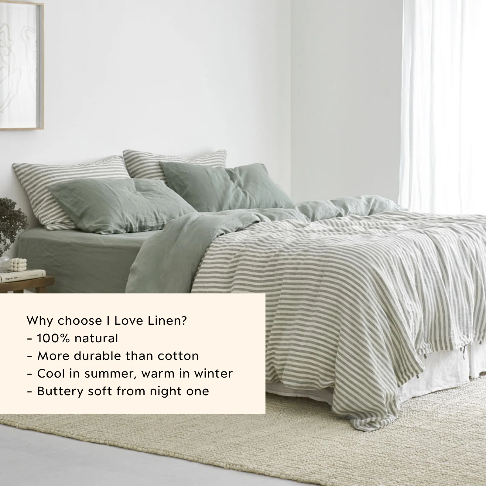 French Flax Linen Double Sided Quilt Cover Set in Sage/Sage Stripe - Image 5