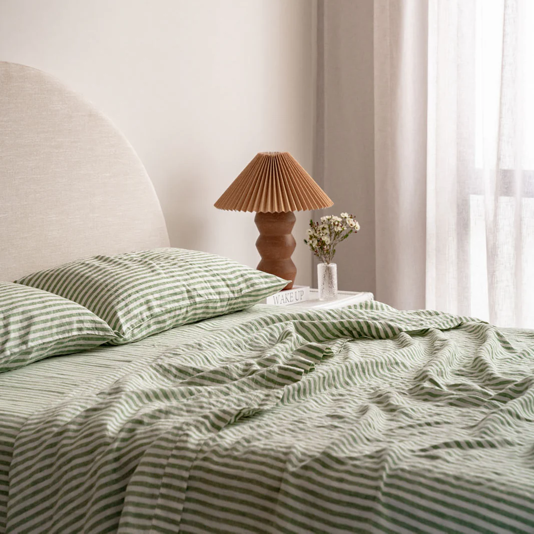 French Flax Linen Fitted Sheet in Ivy Stripe - Image 8