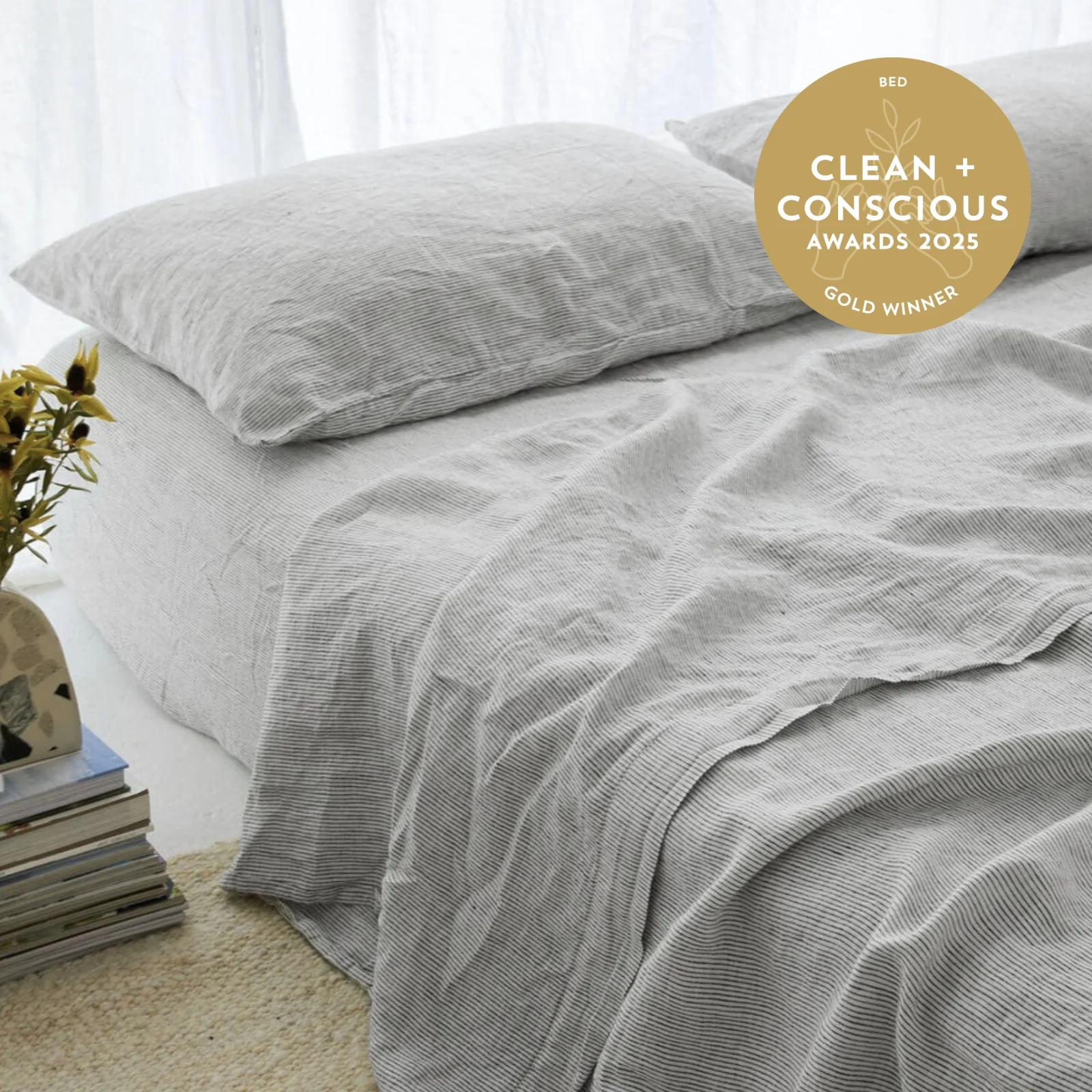 French Flax Linen Fitted Sheet in Pinstripe - Image 5