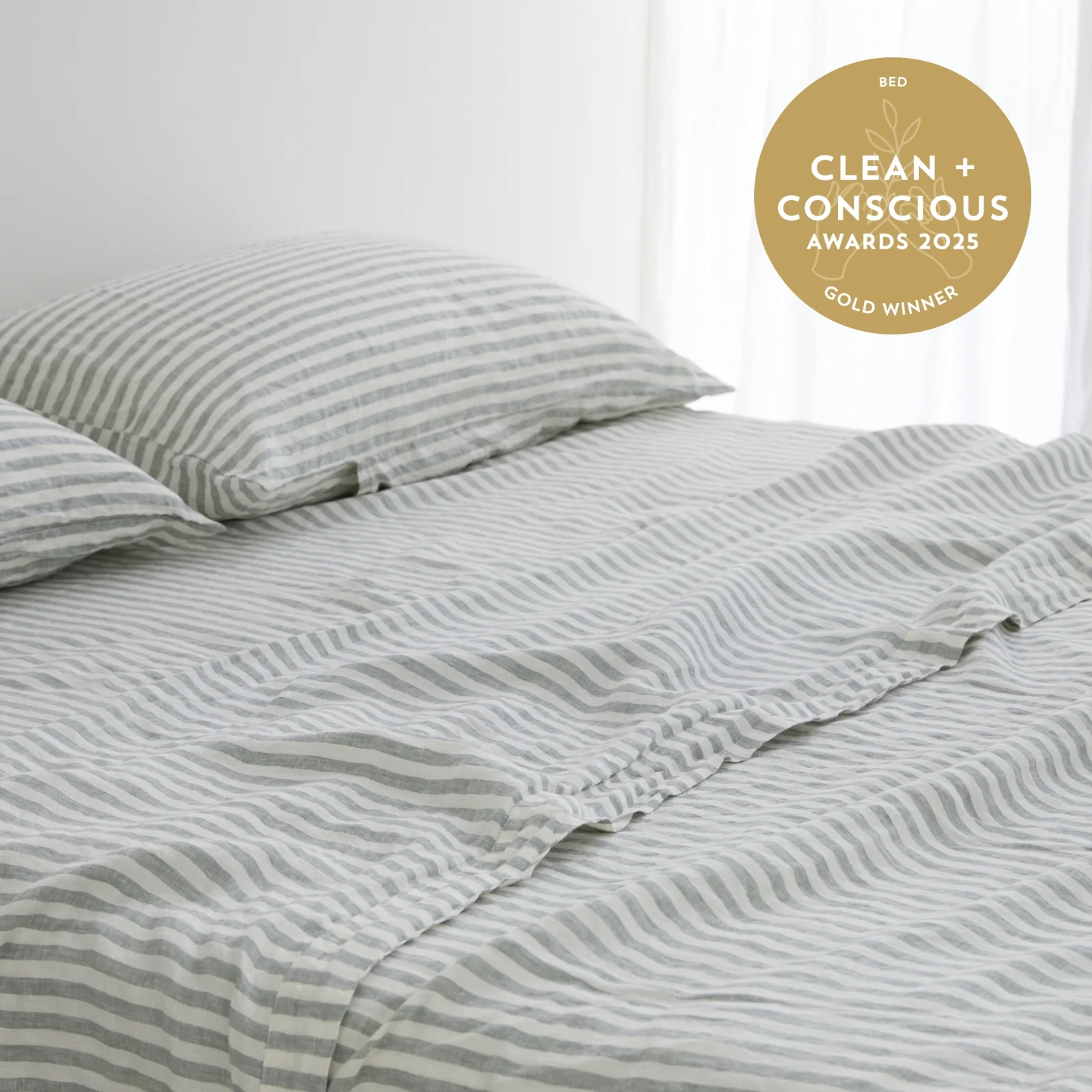 French Flax Linen Fitted Sheet in Sage Stripe - Image 5