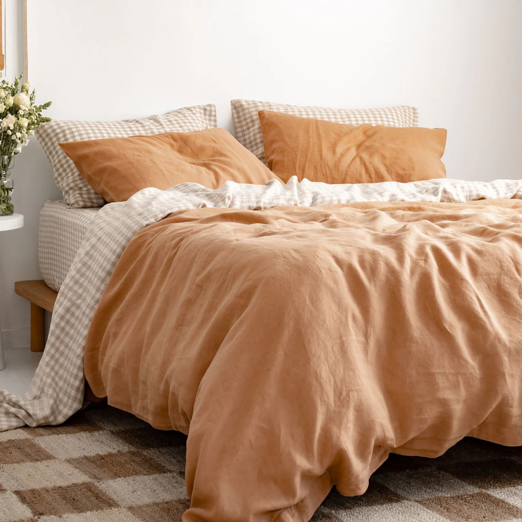 French Flax Linen Flat Sheet in Beige Gingham - Image 10