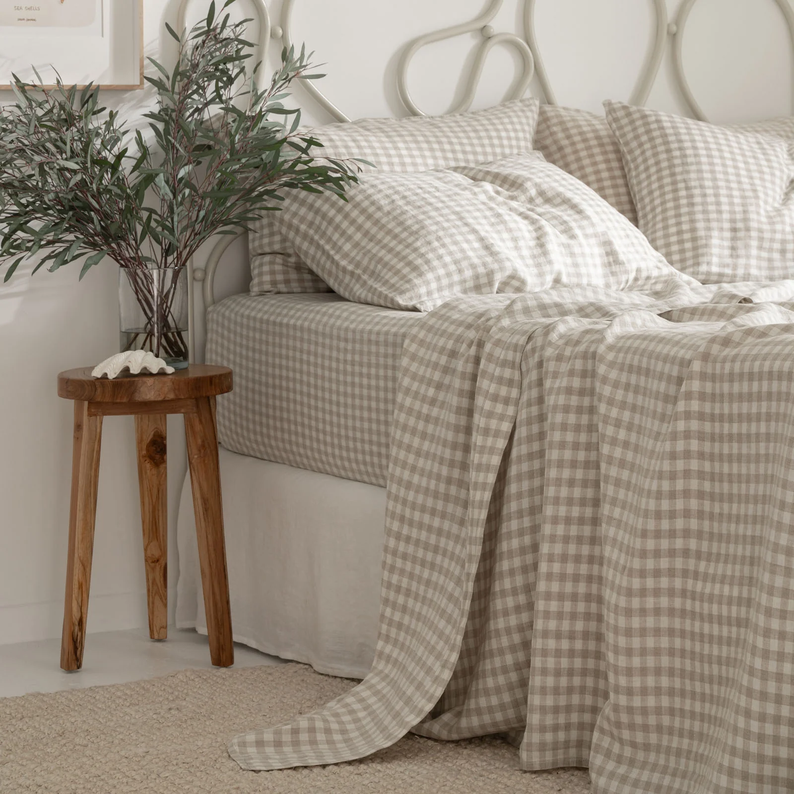 French Flax Linen Flat Sheet in Beige Gingham - Image 6