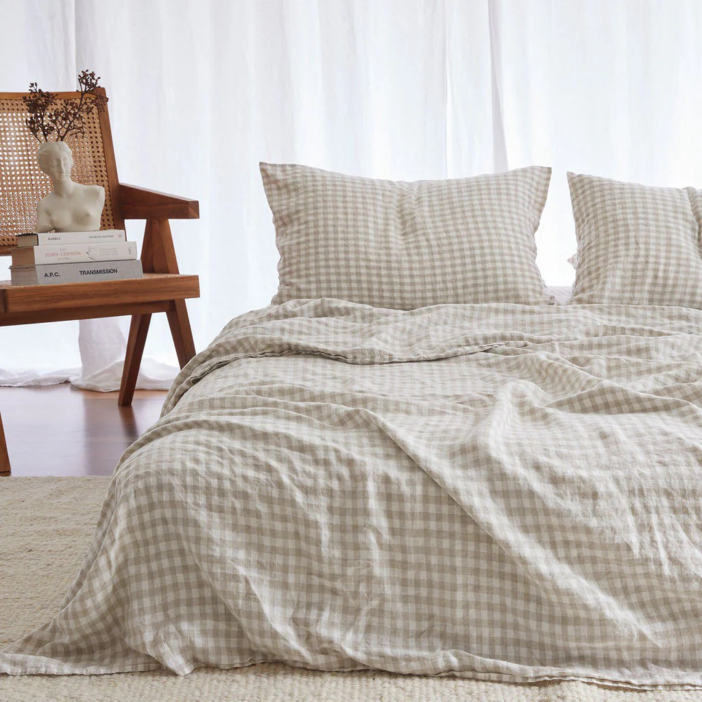 French Flax Linen Flat Sheet in Beige Gingham - Image 7