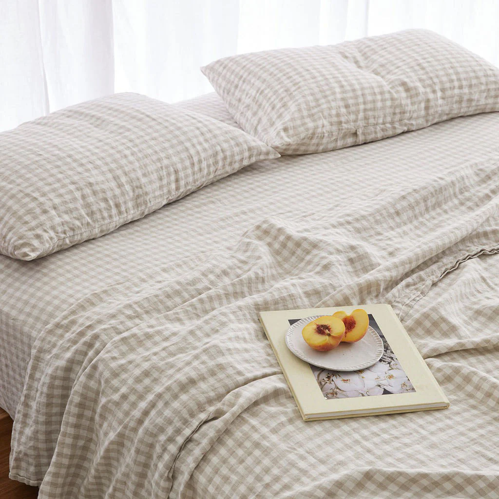 French Flax Linen Flat Sheet in Beige Gingham - Image 9