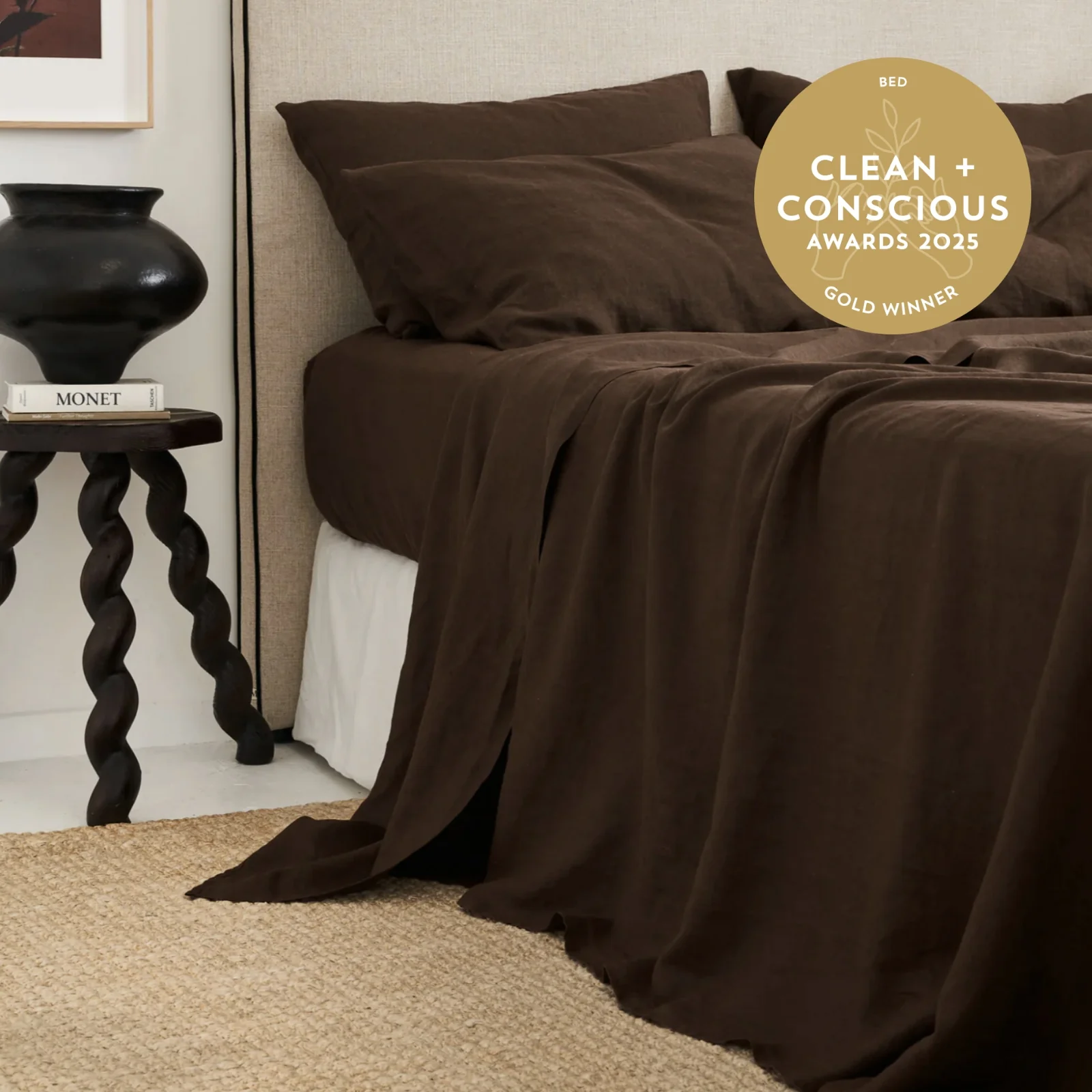 French Flax Linen Flat Sheet in Chocolate - Image 3