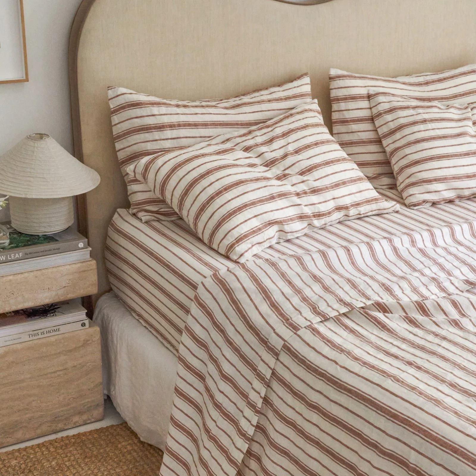 French Flax Linen Flat Sheet in Hazelnut Stripe - Image 2