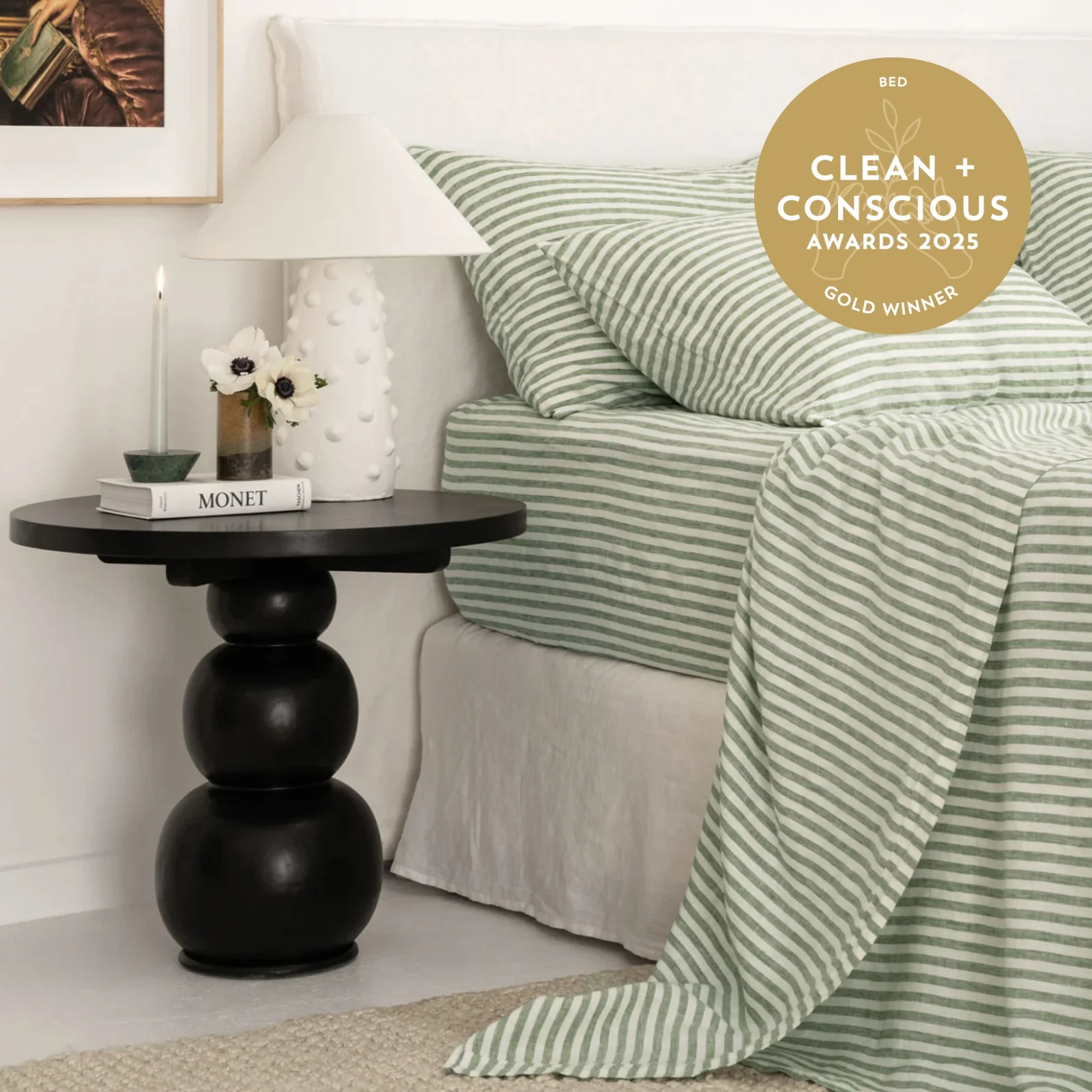 French Flax Linen Flat Sheet in Ivy Stripe - Image 3