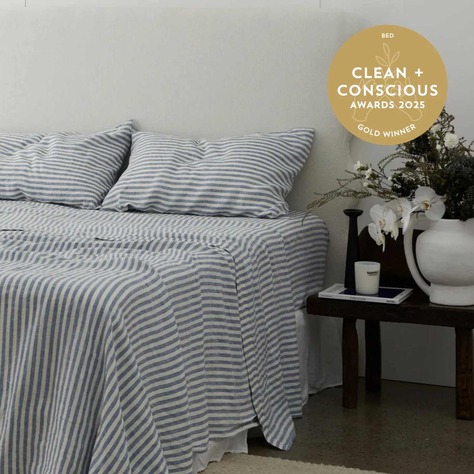 French Flax Linen Flat Sheet in Marine Blue Stripe - Image 7
