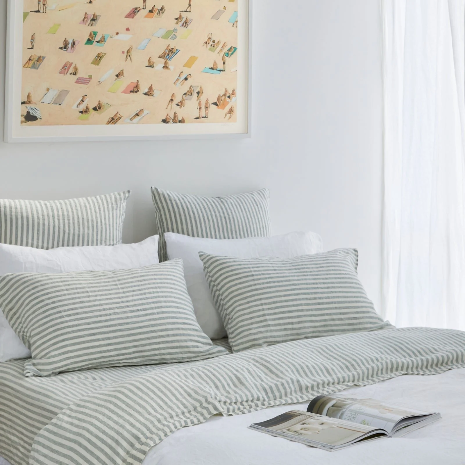 French Flax Linen Flat Sheet in Sage Stripe - Image 5