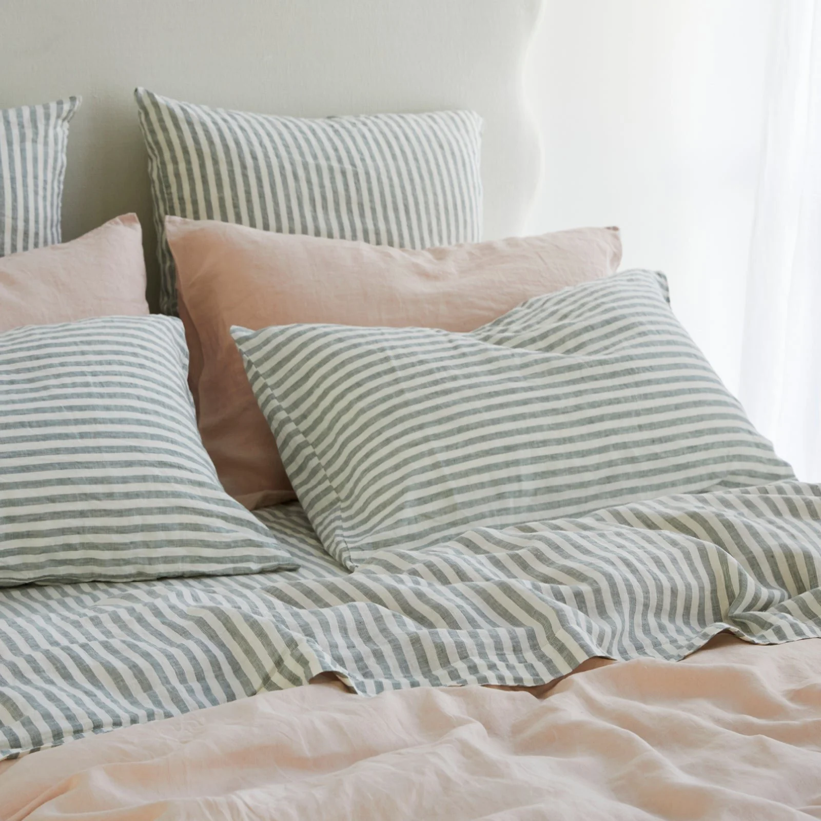 French Flax Linen Flat Sheet in Sage Stripe - Image 8