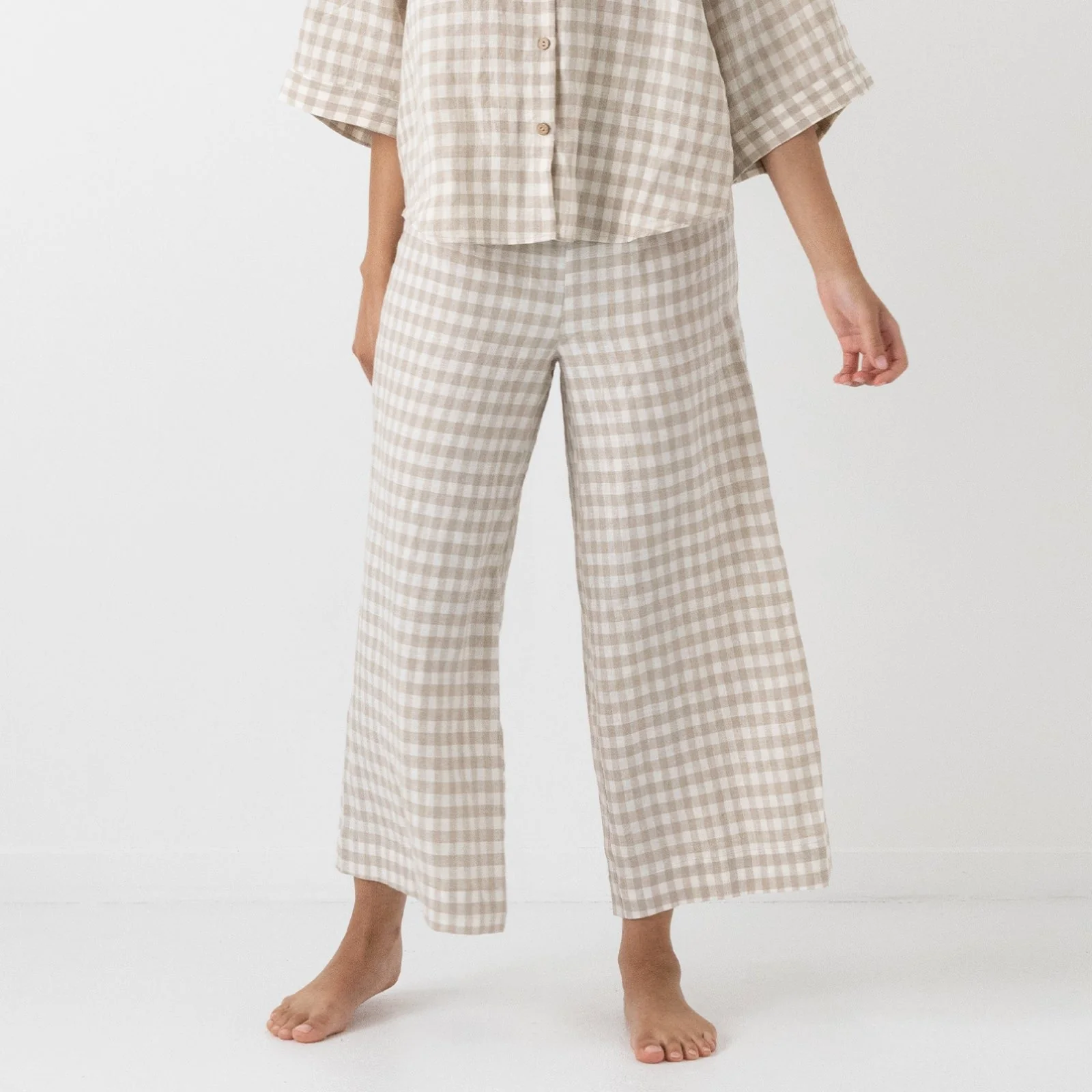 French Flax Linen Lounge Pant in Beige Gingham
