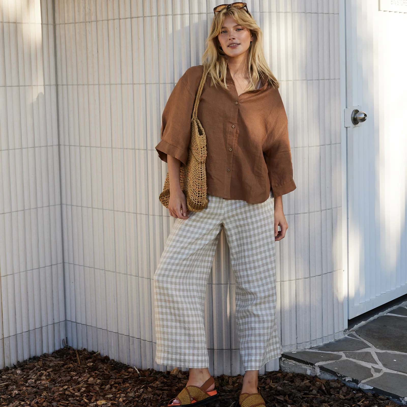 French Flax Linen Lounge Pant in Beige Gingham - Image 5