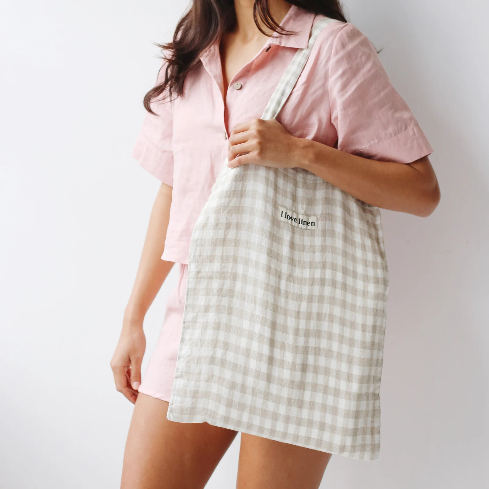 French Flax Linen Market Bag in Beige Gingham - Image 3