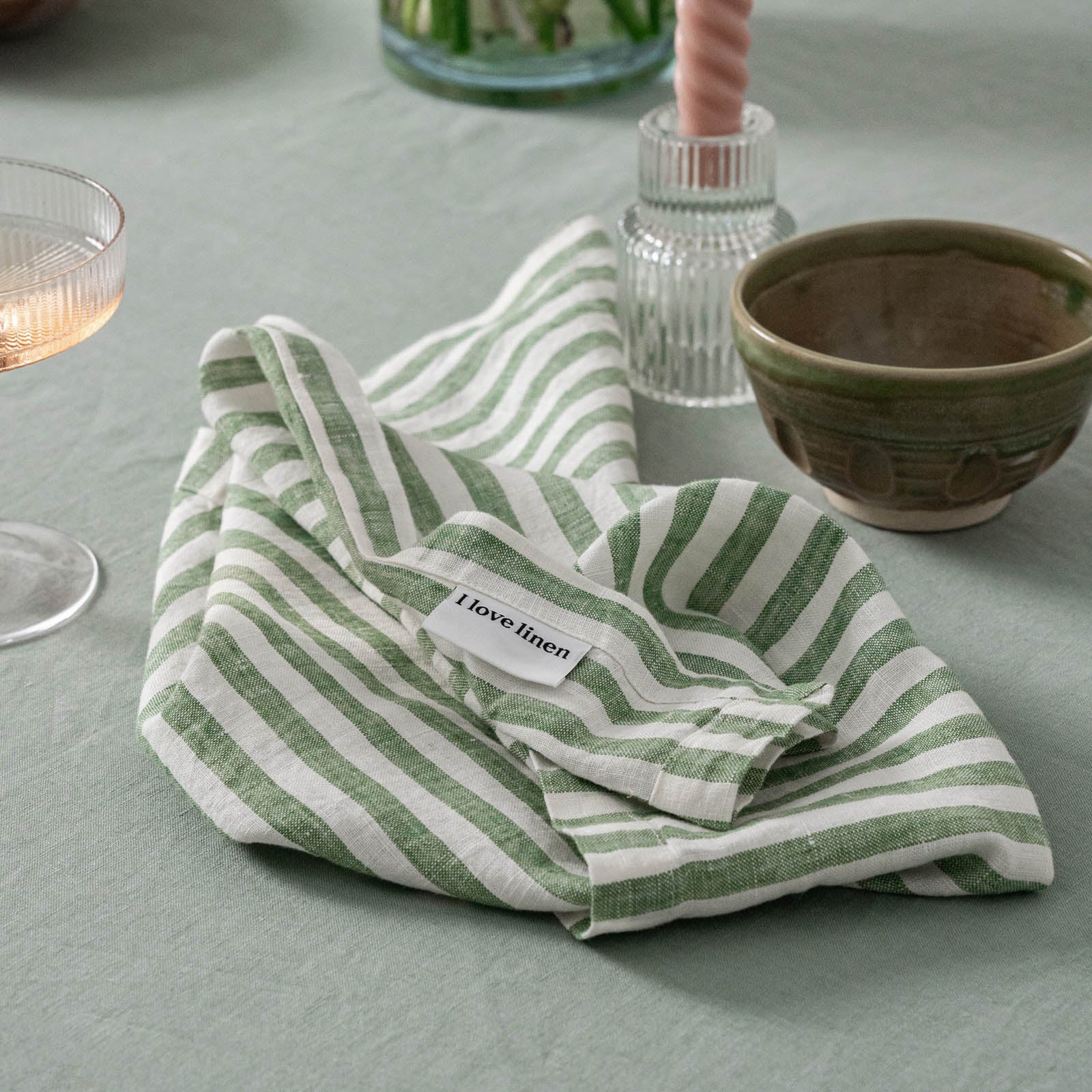 French Flax Linen Napkins (Set of 4) in Ivy Stripe - Image 7