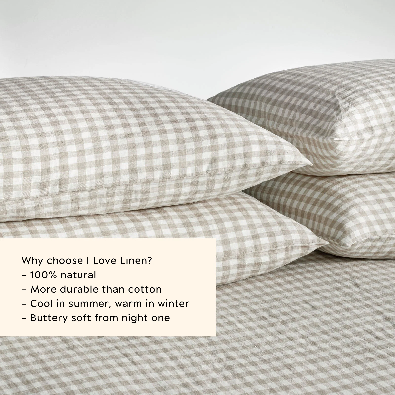 French Flax Linen Pillowcase Set in Beige Gingham - Image 3