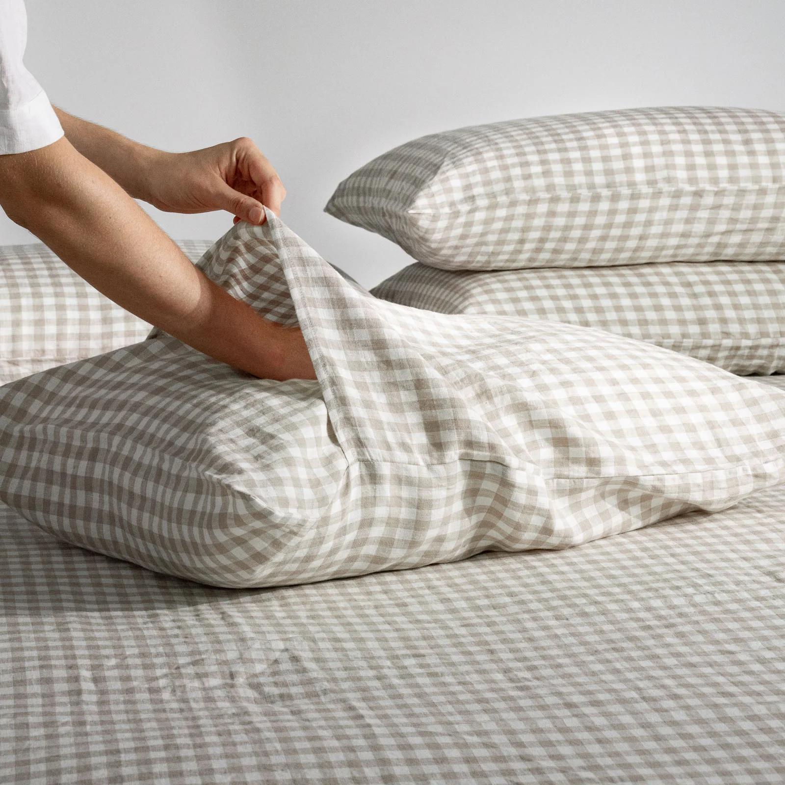 French Flax Linen Pillowcase Set in Beige Gingham - Image 5