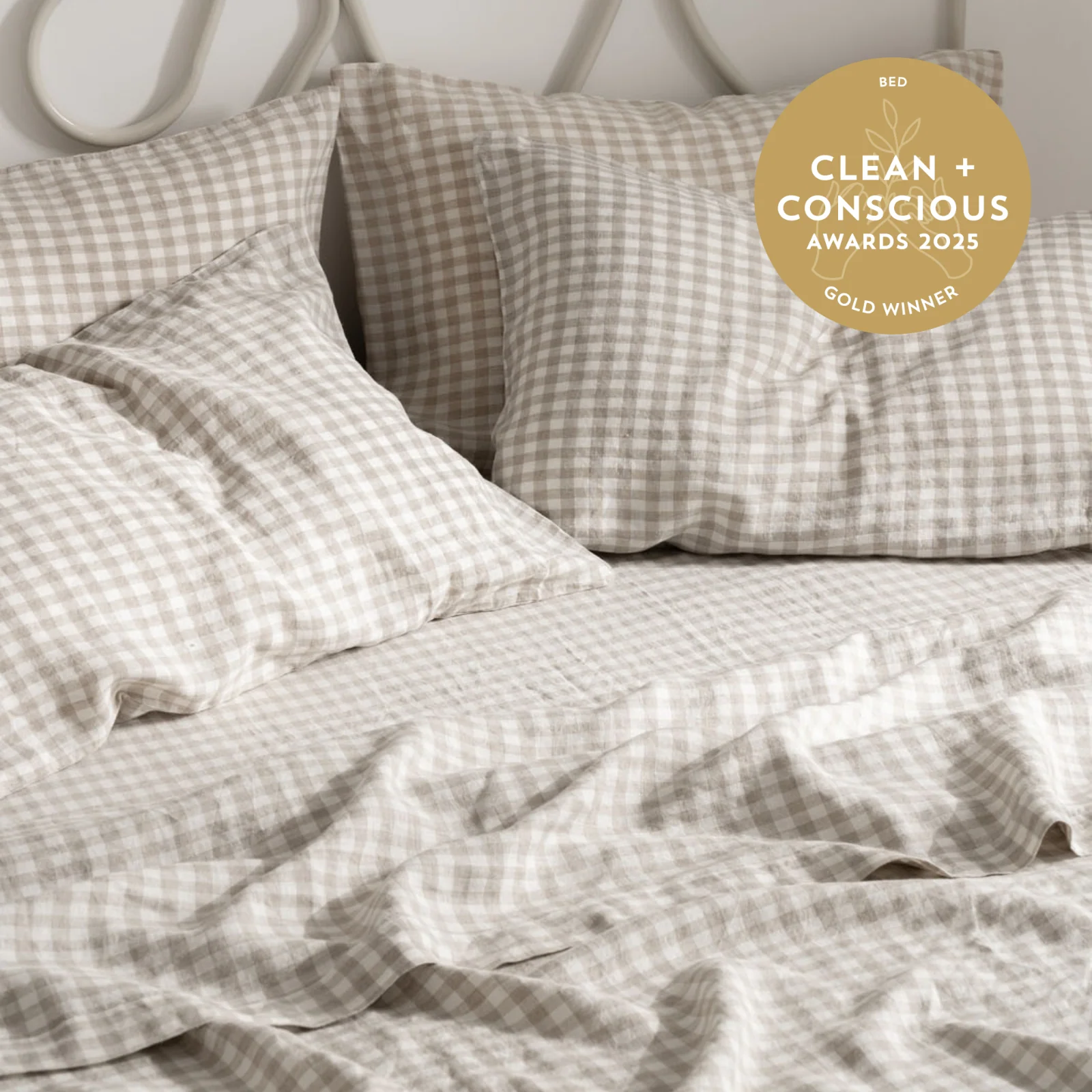 French Flax Linen Pillowcase Set in Beige Gingham - Image 6