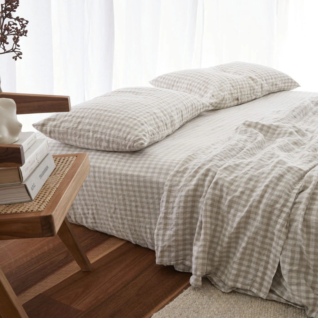 French Flax Linen Pillowcase Set in Beige Gingham - Image 7