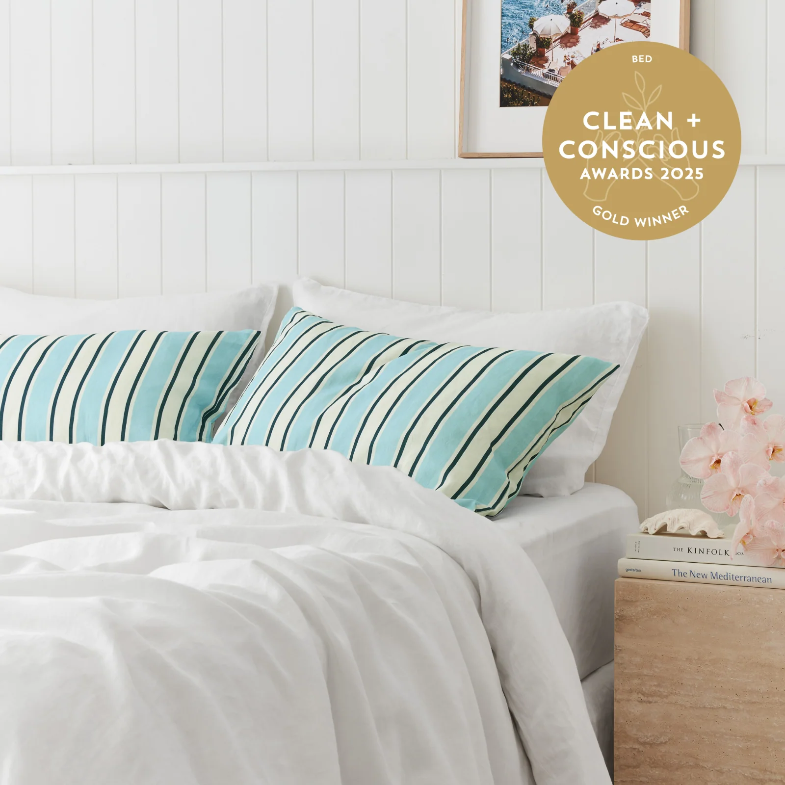 French Flax Linen Pillowcase Set in Blue Stripe - Image 3