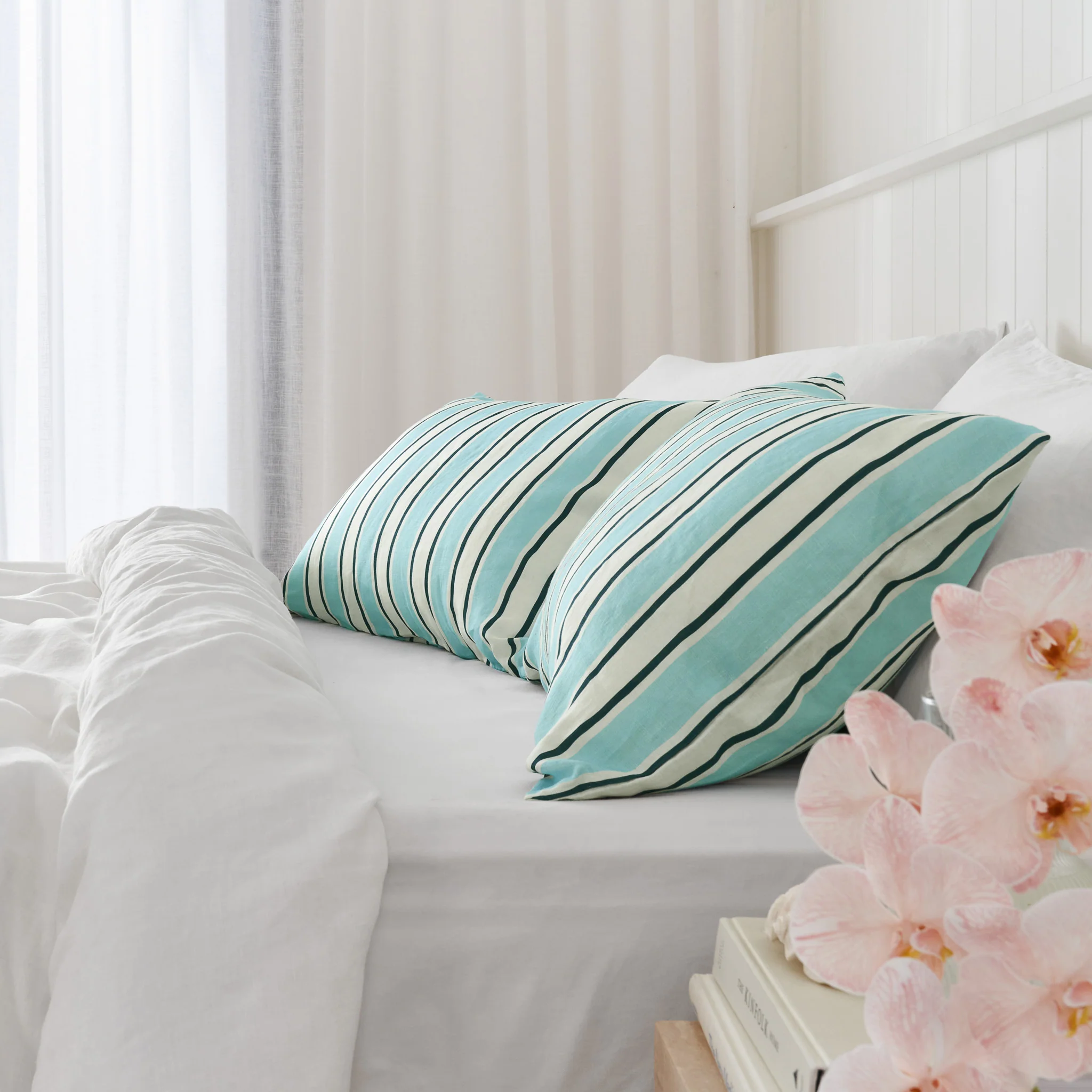 French Flax Linen Pillowcase Set in Blue Stripe - Image 7