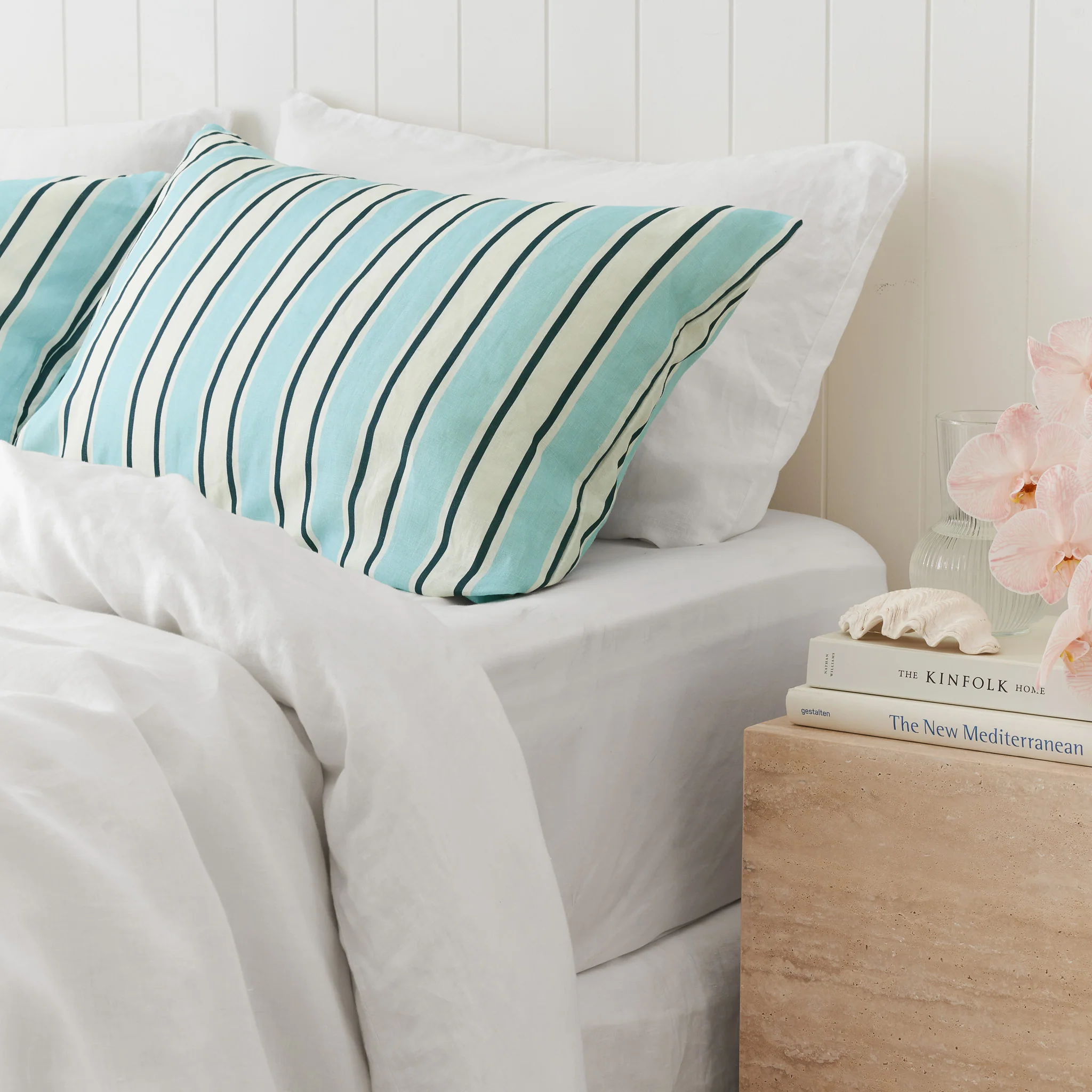 French Flax Linen Pillowcase Set in Blue Stripe - Image 9