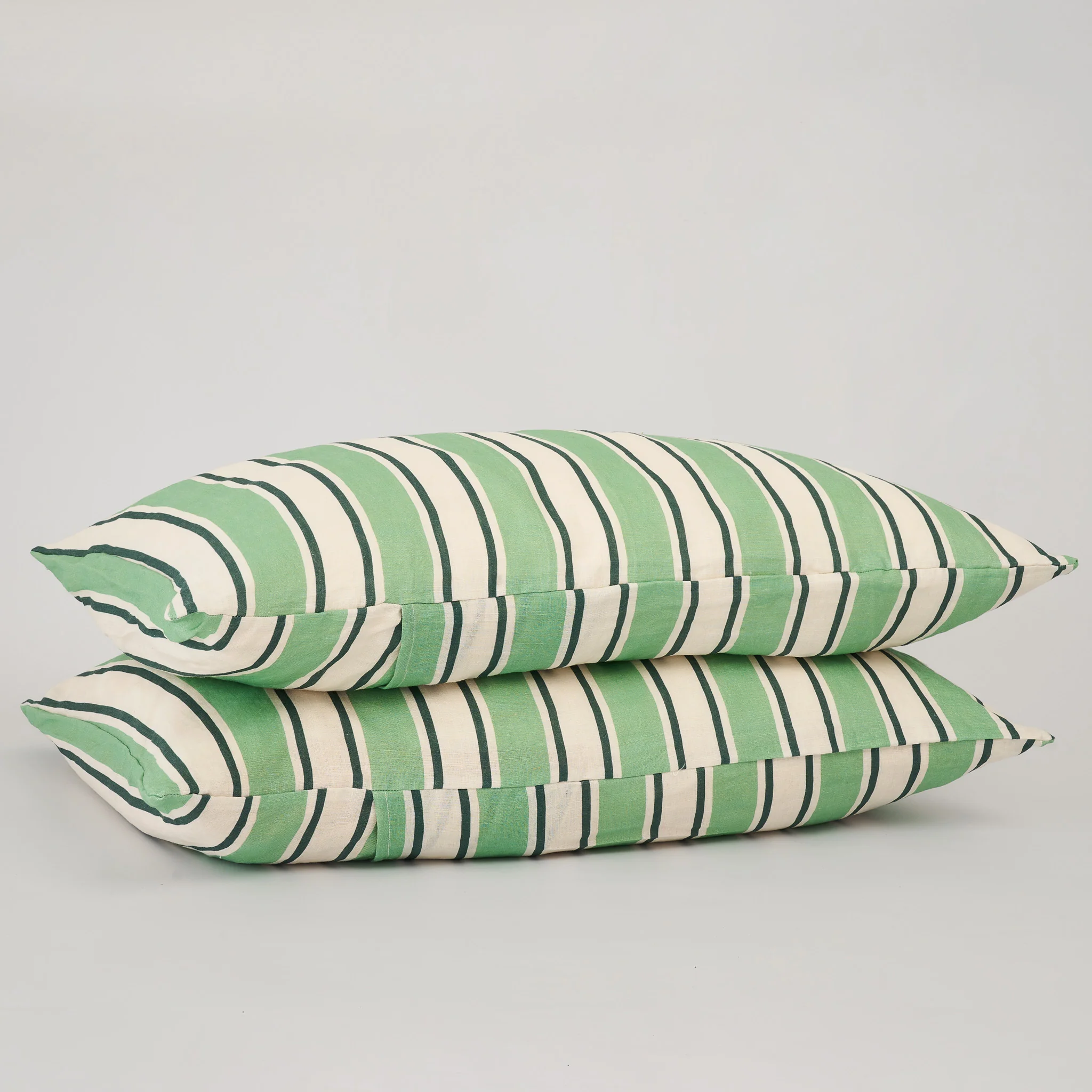 French Flax Linen Pillowcase Set in Green Stripe