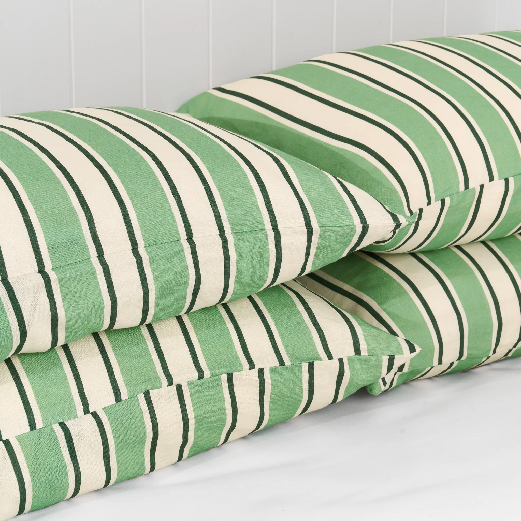 French Flax Linen Pillowcase Set in Green Stripe - Image 2
