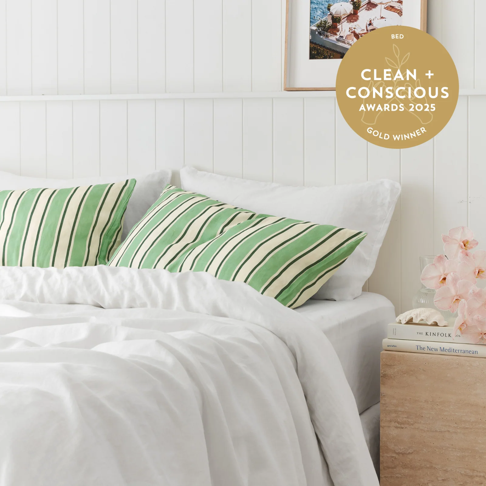 French Flax Linen Pillowcase Set in Green Stripe - Image 5
