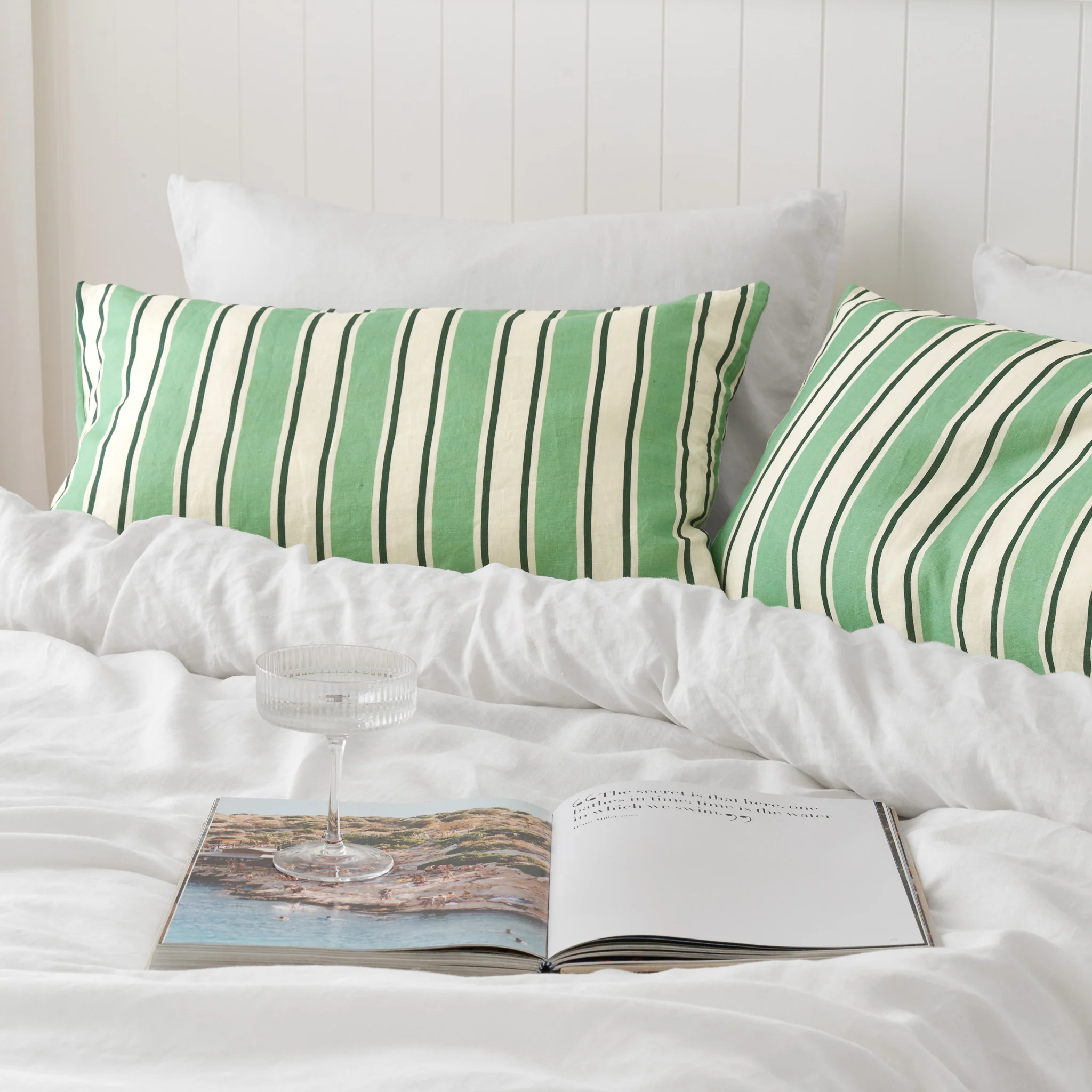 French Flax Linen Pillowcase Set in Green Stripe - Image 6