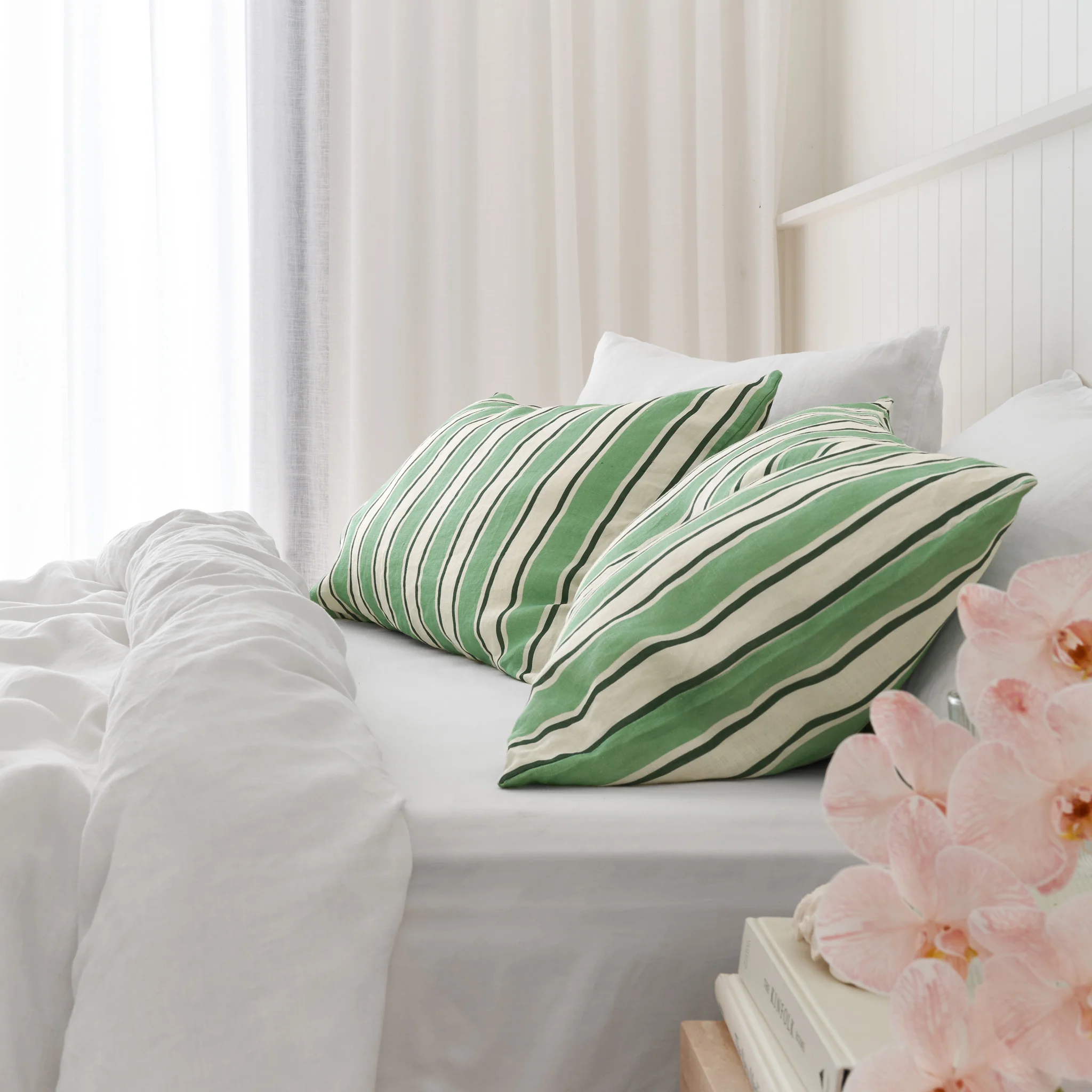 French Flax Linen Pillowcase Set in Green Stripe - Image 7