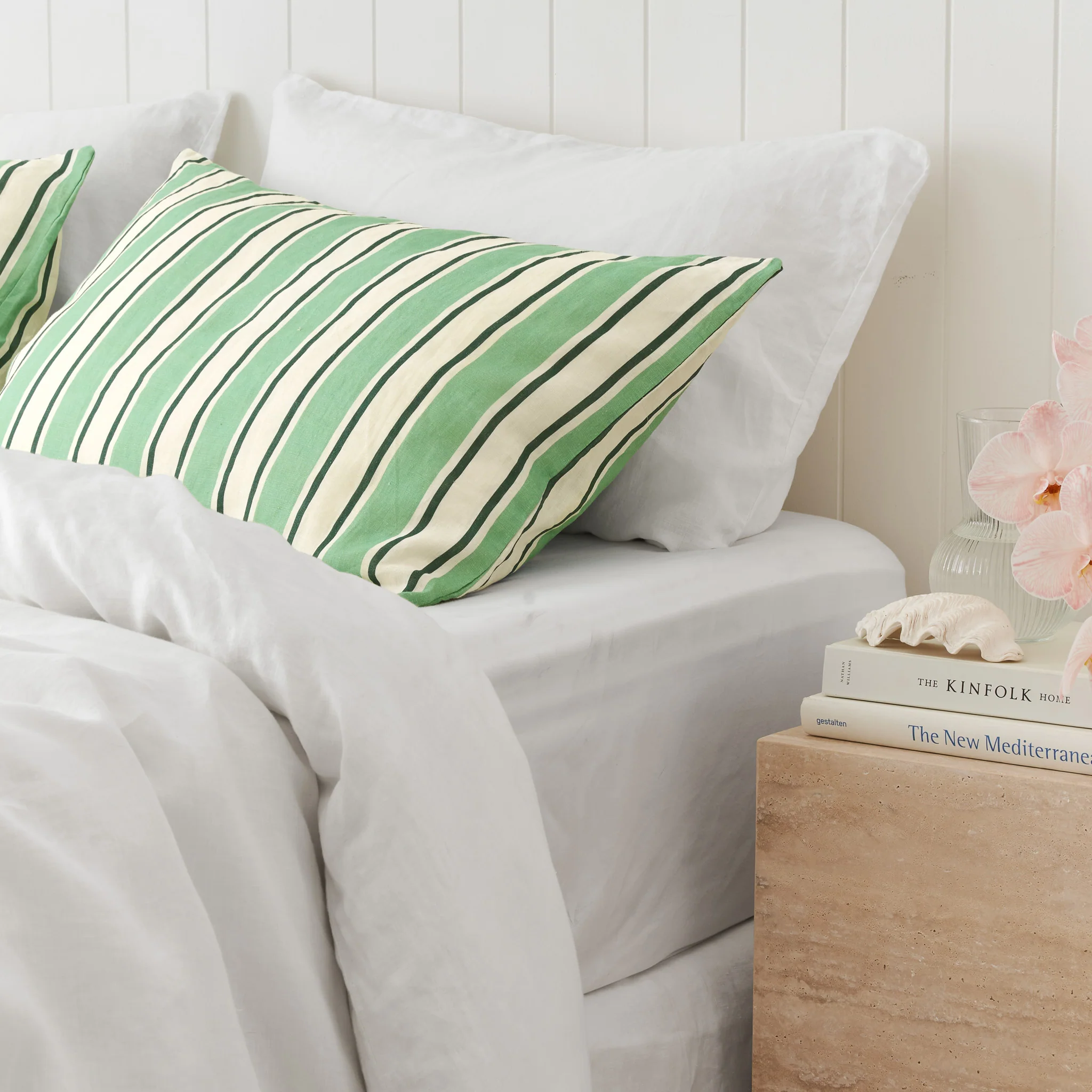 French Flax Linen Pillowcase Set in Green Stripe - Image 9