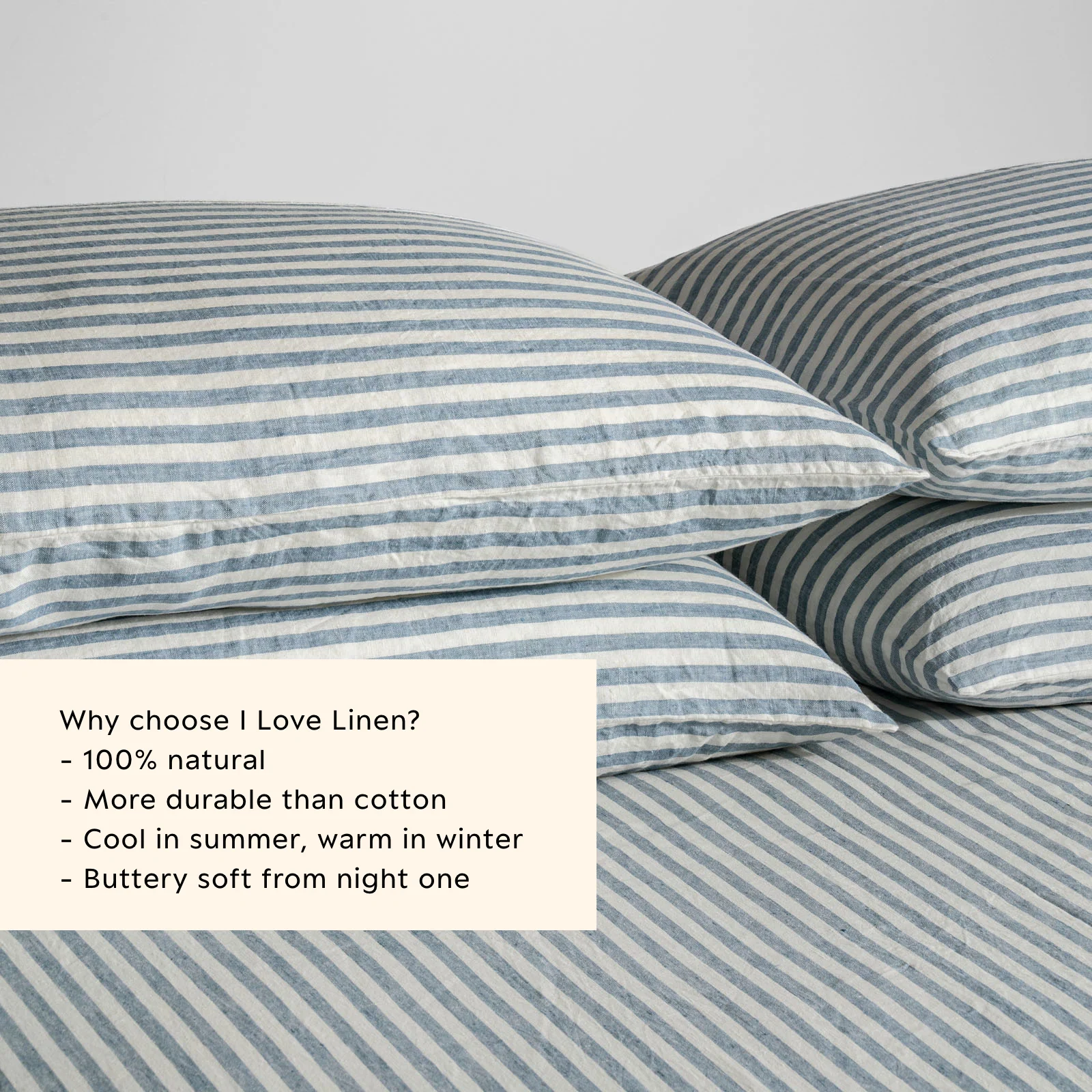 French Flax Linen Pillowcase Set in Marine Blue Stripe - Image 3
