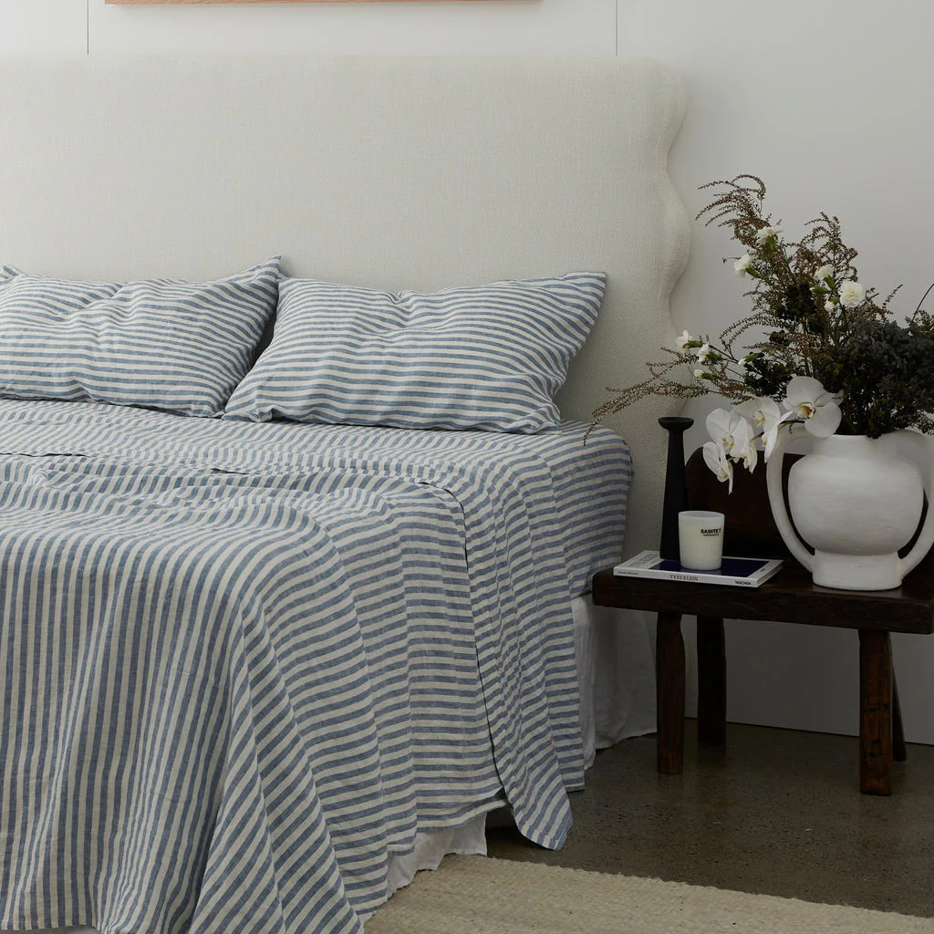 French Flax Linen Pillowcase Set in Marine Blue Stripe - Image 5